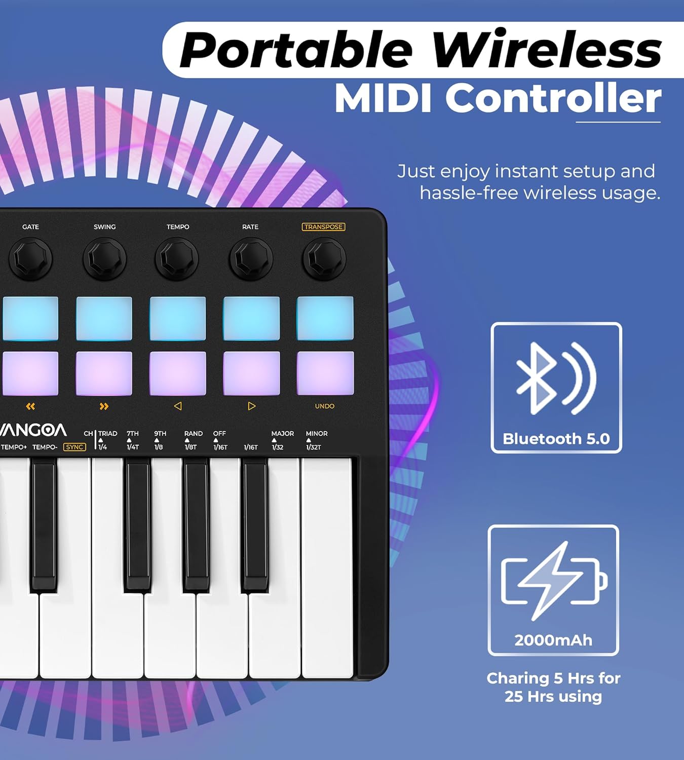 Vangoa Wireless MIDI Beat Maker & Mixer: 25-Key Pad and 16 RGB Drum Pads for Music Production
