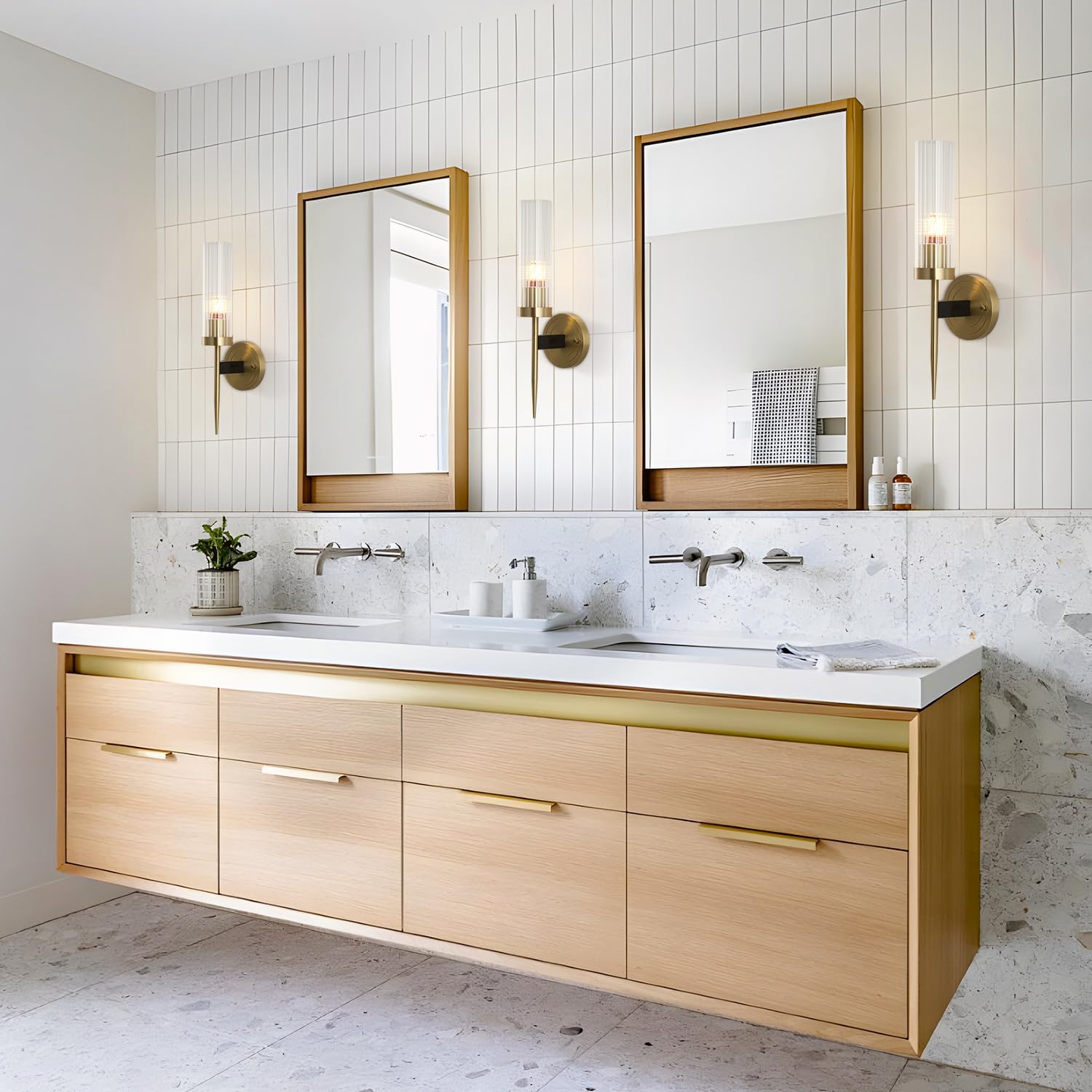 BOKT Mid-Century Modern Gold Wall Light Cylinder Glass Wall Sconce Anti Brushed Brass Long Wall Sconce Light Vintage Bathroom Globe Wall Mount Light Bar Wall Lamp