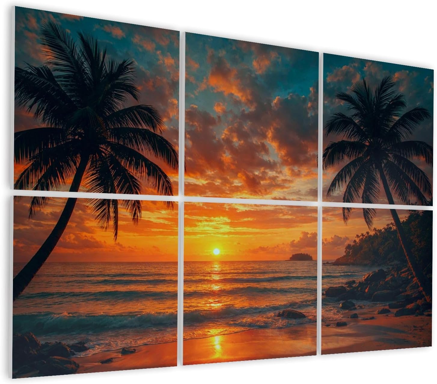 6 Pack Art Acoustic Panels Self Adhesive Sunset Ocean Palm Trees Vibrant Sky Decorative Soundproof Wall Panels Sound Absorbing Panel 48