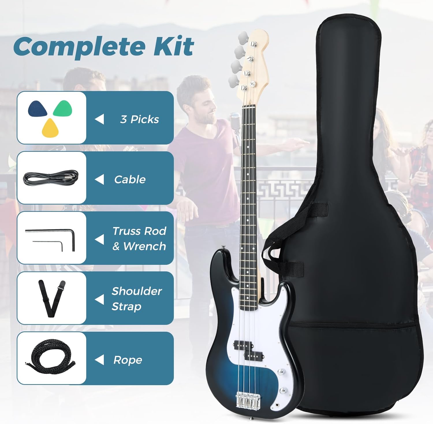 Costzon Electric Bass Guitar, 46” 4 String Full Size Beginner Bass Guitar Kit with 2 Pickups, Open-gear Tuning, Gig Bag, Cable, Strap, Rope & 3 Picks, Right-handed Bass Guitar for Starter (Blue)