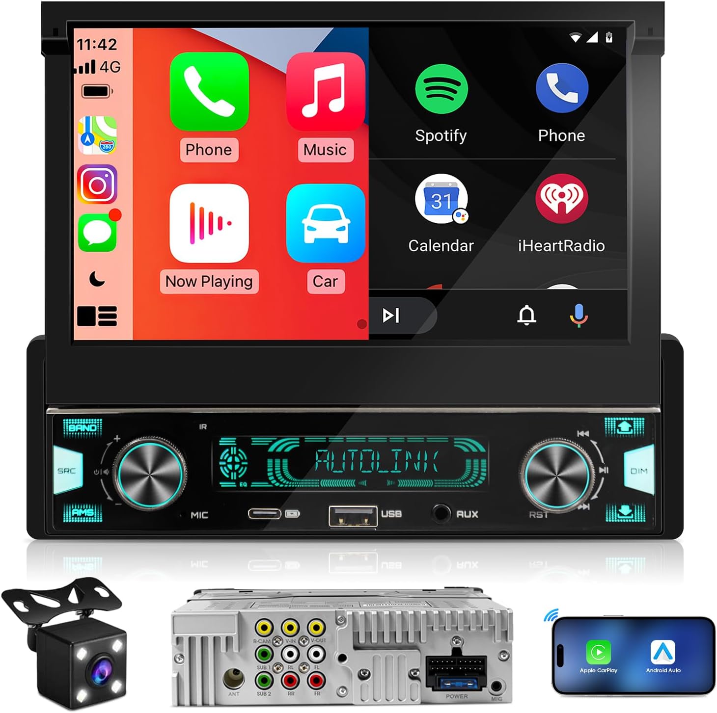 Single Din Flip-Out Touchscreen Radio: 7 Inch Wireless CarPlay Android Auto Car Stereo with Backup Camera Bluetooth 300W 4.2 CHN 2 Subwoofers Outputs Type-C Charge USB AUX