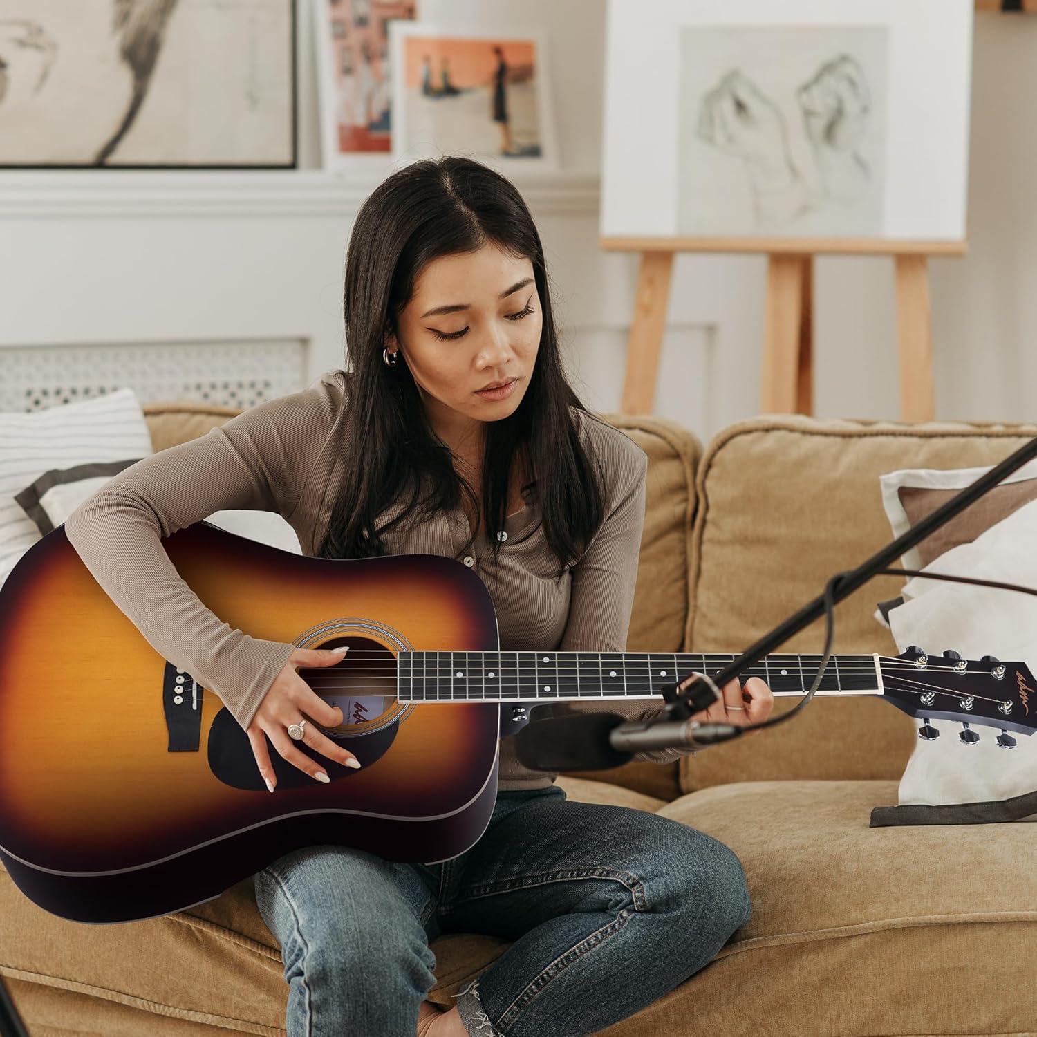 ADM Dreadnought Acoustic Guitar Kit with Free Lesson for Beginner Adult Teen Full Size Acustica Guitarra Starter Bundle Set w/Bag Strap Tuner Capo Pickguard Music Stand Right Hand(Sunburst, 41 Inch)