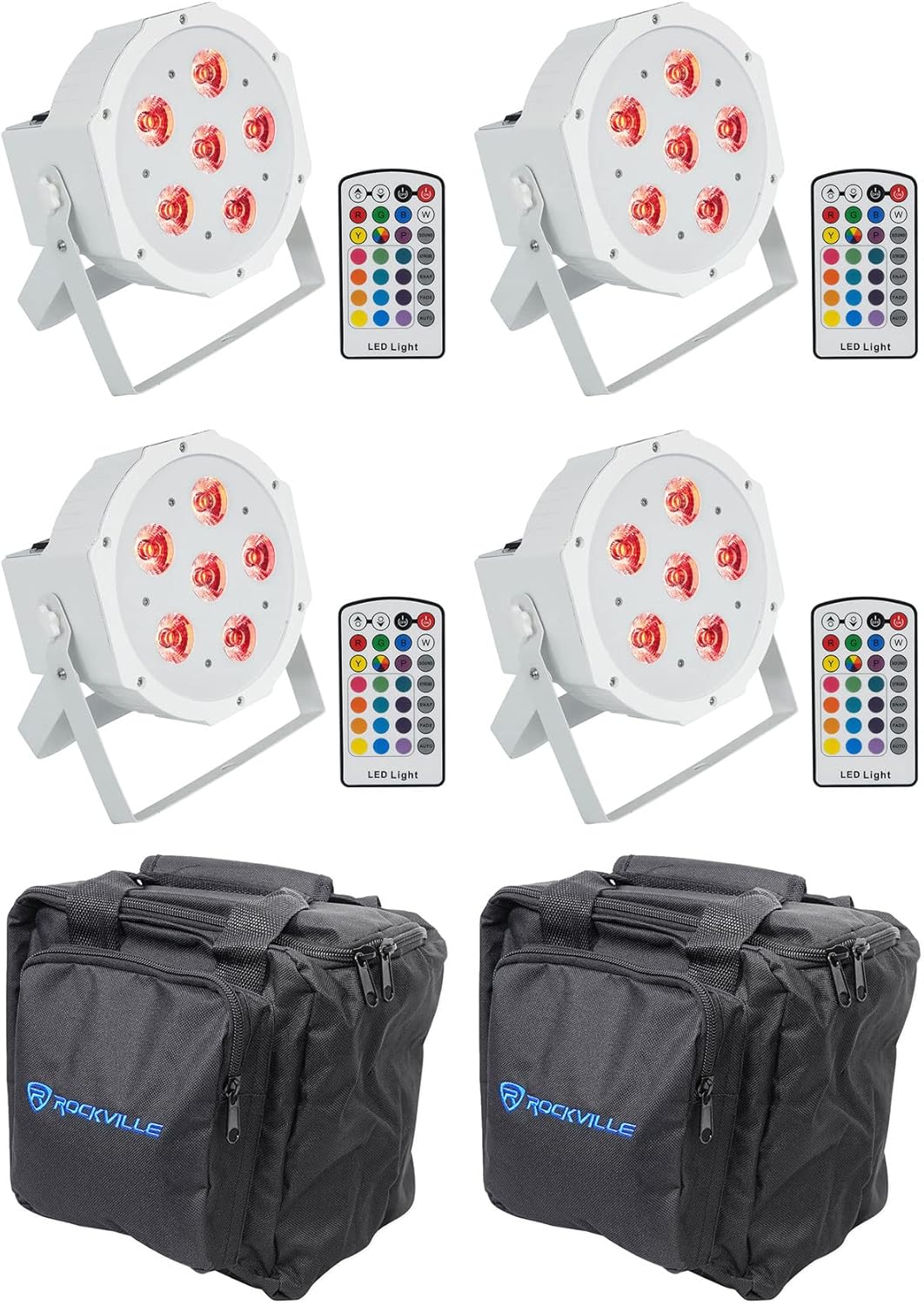 4 Rockville Battery PAR 6RF White Rechargeable Wireless DMX Lights+Remotes+Bags