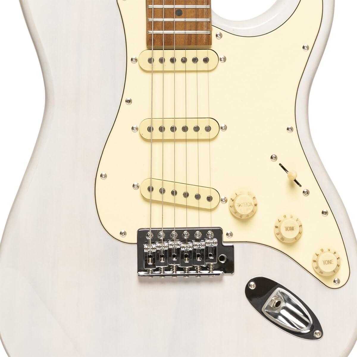 Stagg SES-55 WHB Series 55 Electric Guitar with Solid Paulownia Body l Tempered Maple Neck l 22 Fret Maple Fingerboard l Aged White 3-Ply Pickguard l See through White Blonde Finish