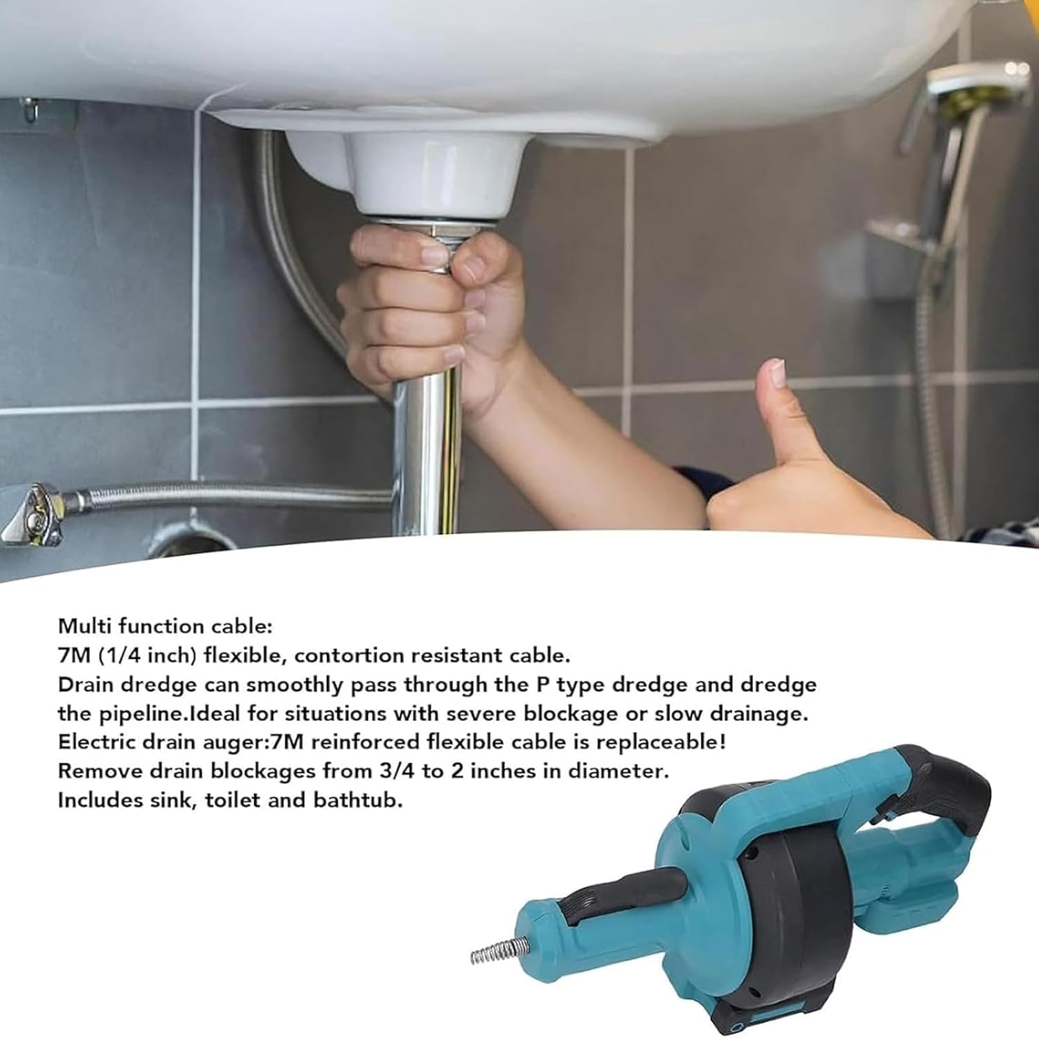 610 RPM Pipeline Dredging Machine, Lithium Battery Pipe Cleaning Machine, Cable Length 7000mm, Portable Toilet Plunger with Continuously Variable Speed, for Kitchen, Bathroom, Toilet, Sewer