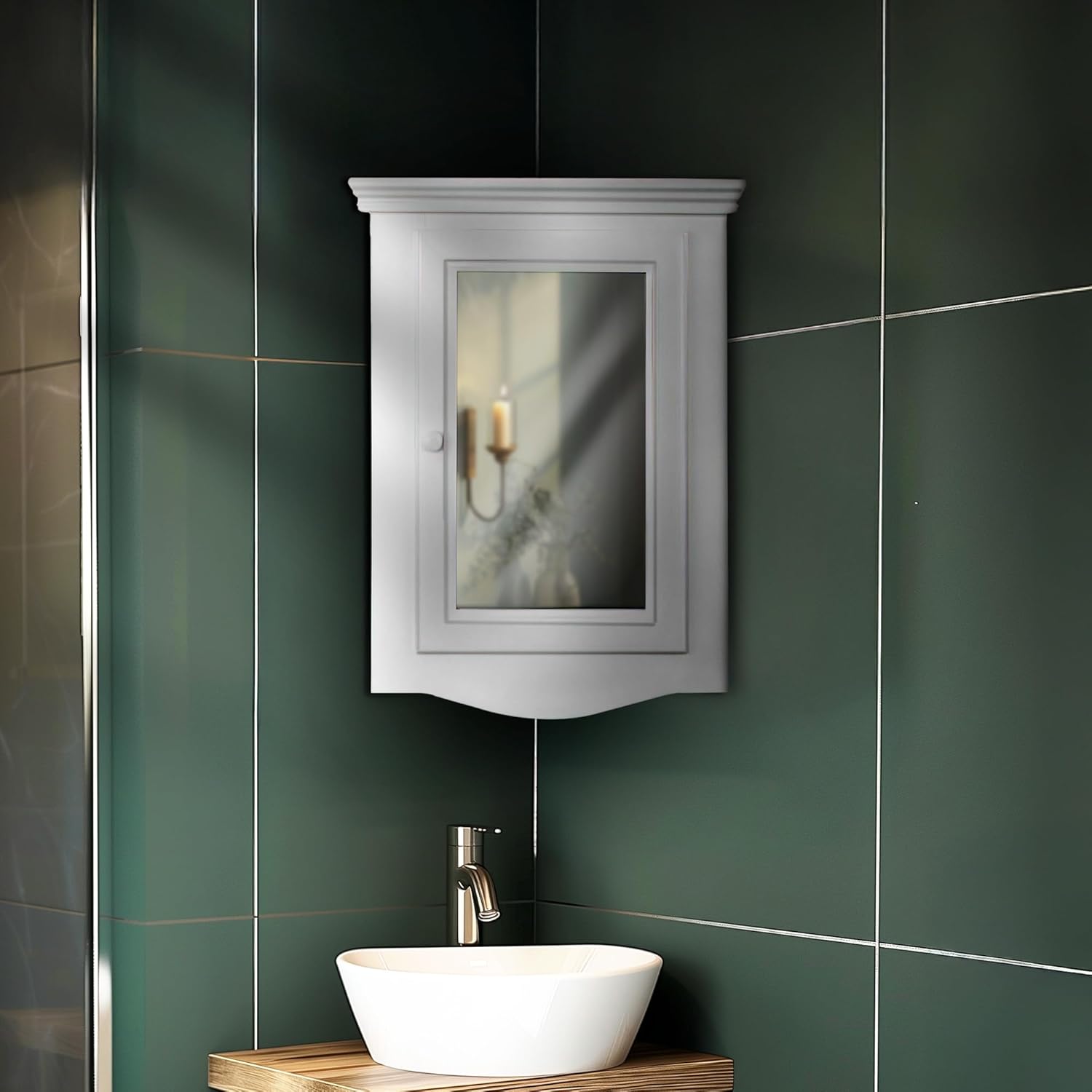 Renovators Supply Manufacturing White Corner Wall Mount Medicine Cabinet with Mirror Wooden Bathroom Storage 27 X 20 Inches Double Shelf Storage Cabinet Pre-Assembled with Hardware