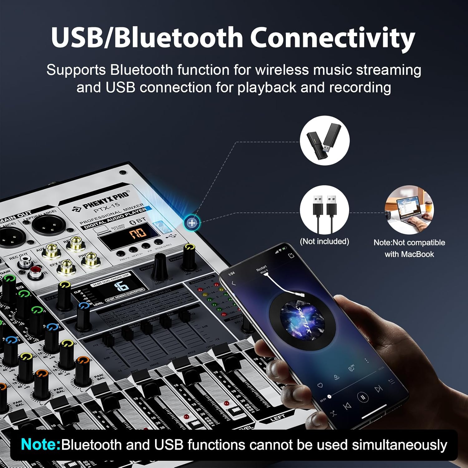 Professional Audio Mixer, Phenyx Pro Sound Console w/USB Audio Interface, 4-Channel Sound board DJ Mixer w/Stereo Equalizer, 16 DSP Effects, suitable for Stage, Live Gigs, and Karaoke (PTX-15)