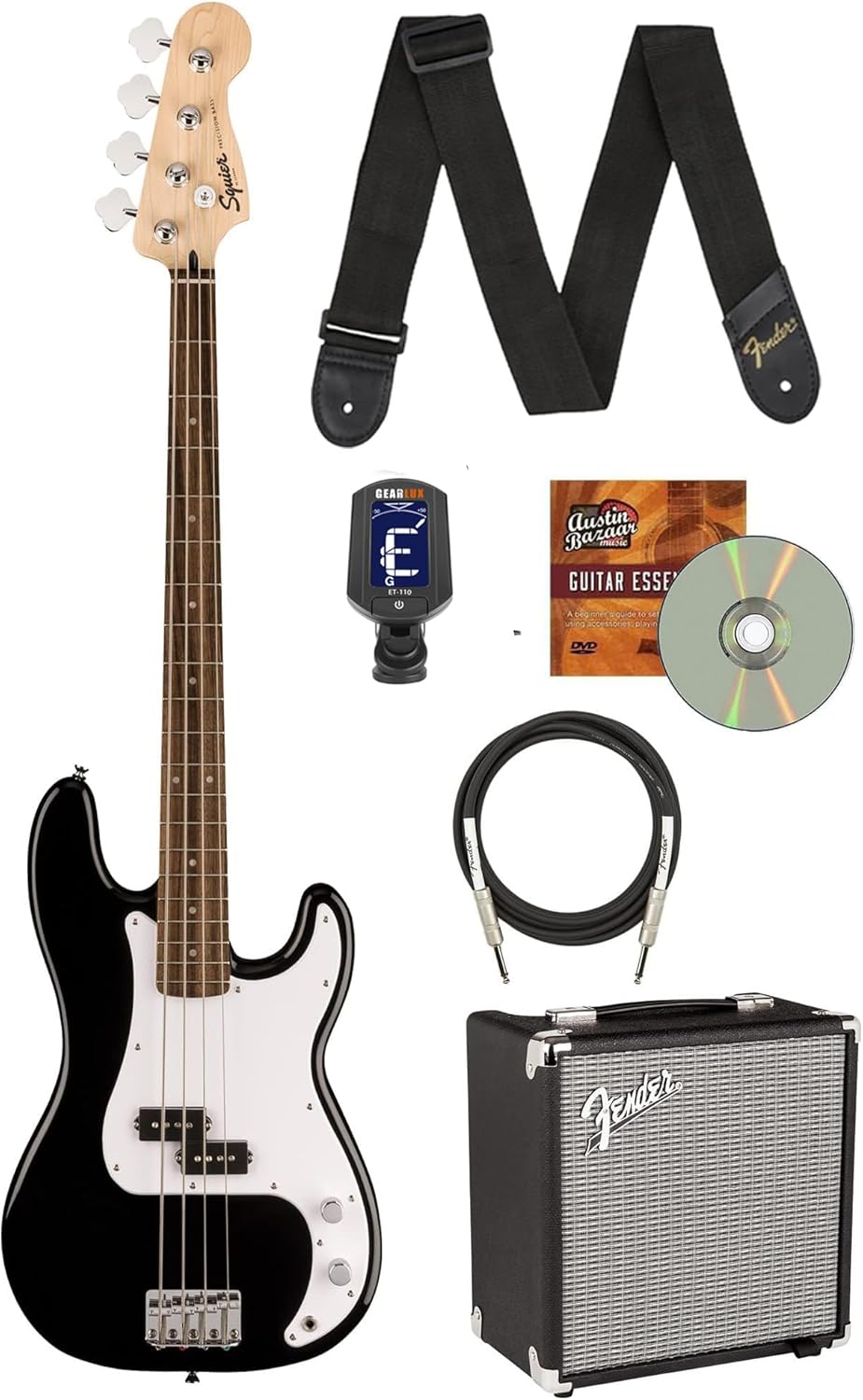 Fender Squier Sonic Precision Bass Guitar, Laurel Fingerboard - Black Bundle with Rumble 15 Bass Amplifier, Cable, Tuner, Strap, and Austin Bazaar Instructional DVD