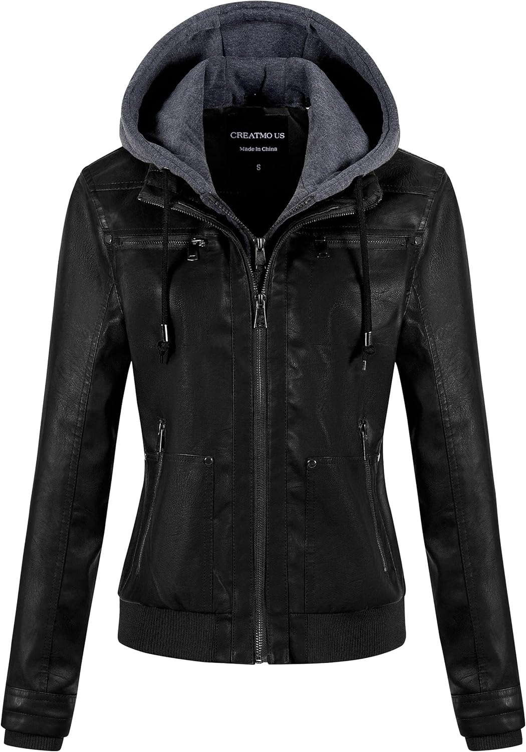 CREATMO US Women's Faux Leather Jacket Waterproof Motorcycle Bomber Jacket Vintage PU Moto Biker Coat With Removable Hood