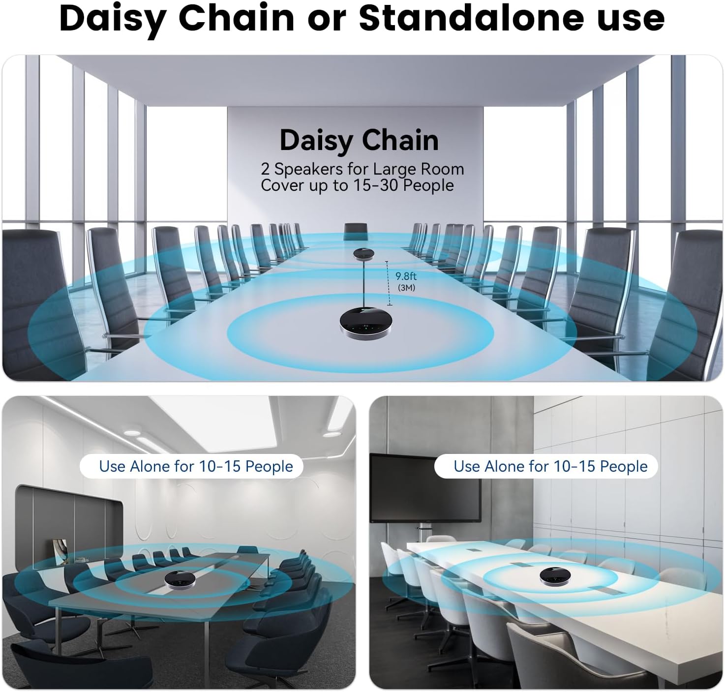 TONGVEO 2-in-1 Conference Speaker and Microphone, Daisy Chain Wireless Bluetooth Speakerphone with 360° omnidirectional mics USB/Dongle/Bluetooth Connection 18H Talk Time for 15-30 People Meeting