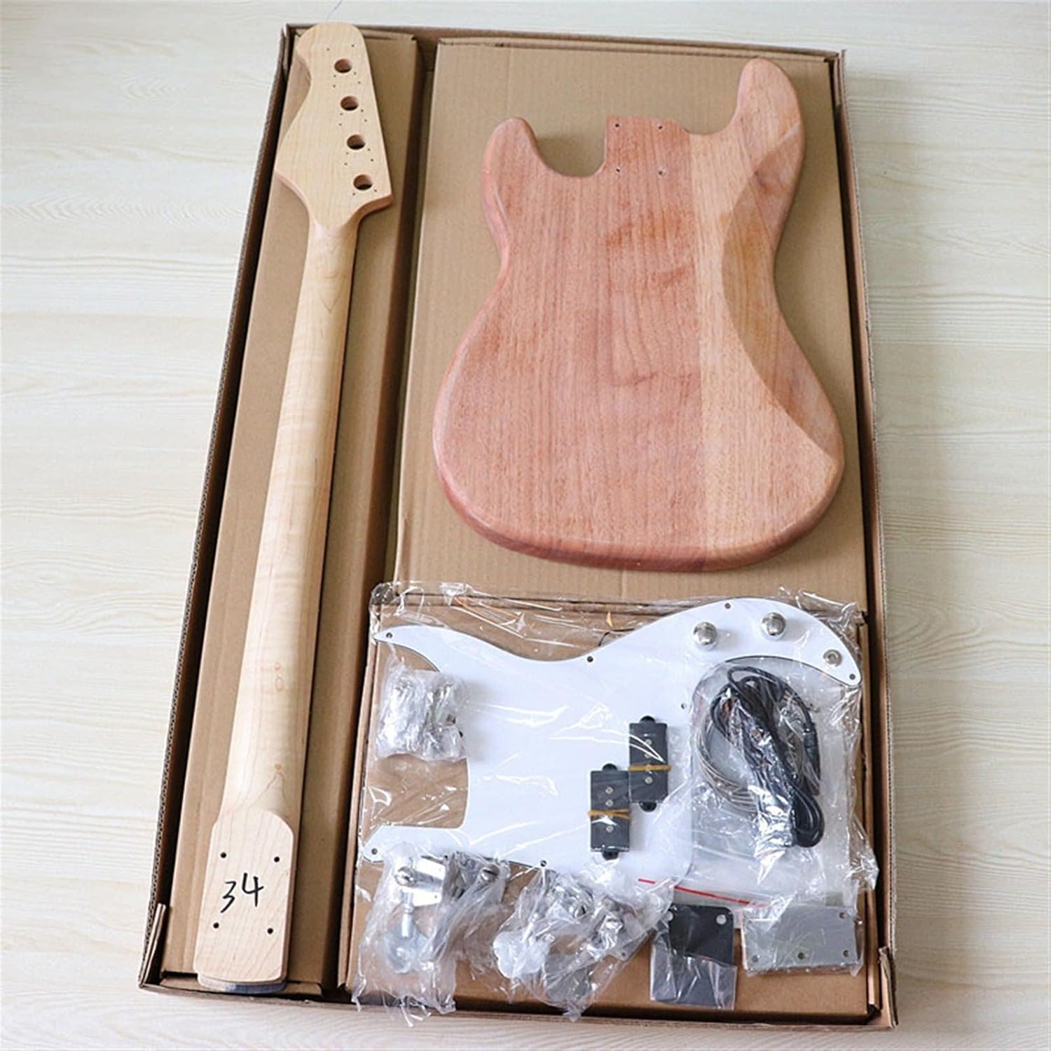 for PB Electric Bass Guitar Kit 21 Frets Unfinished Maple Neck Okoume Wood Body with All Parts Unfinished Guitar Set