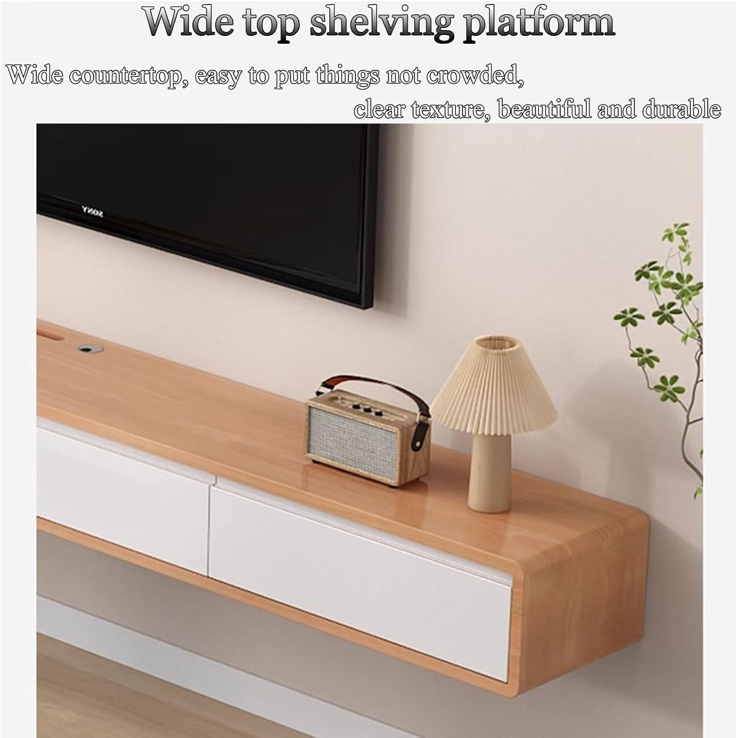 Multi-Size Floating TV Stand - Solid Wood Wall Mounted TV Unit, Multifunctional with Pre-Drilled Wiring Holes for Easy nization (Wood & White, 120x20x24cm)