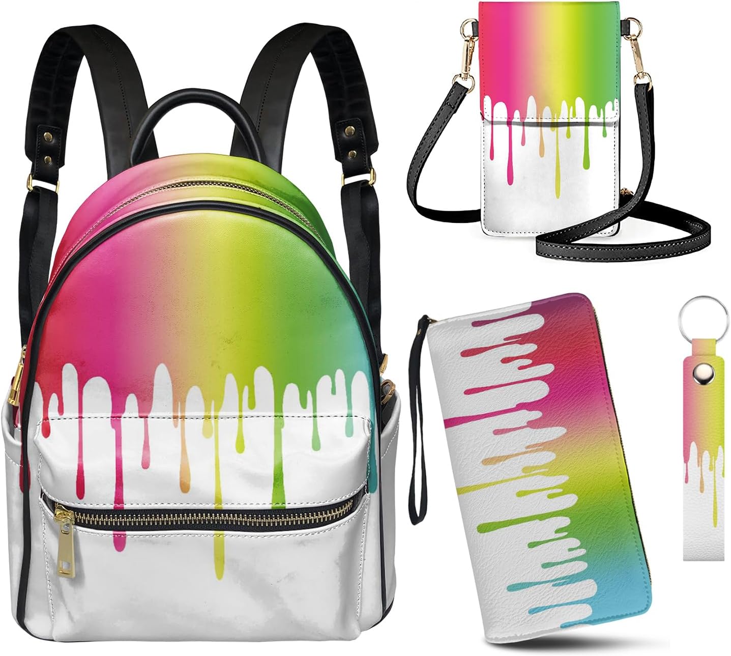 GLENLCWE Rainbow Oil Painting Backpack Purse for Women 4Pcs PU Leather Backpack and Long Wallet+Phone Bag+Keychain for Travel Anti Theft Daypacks Lightweight