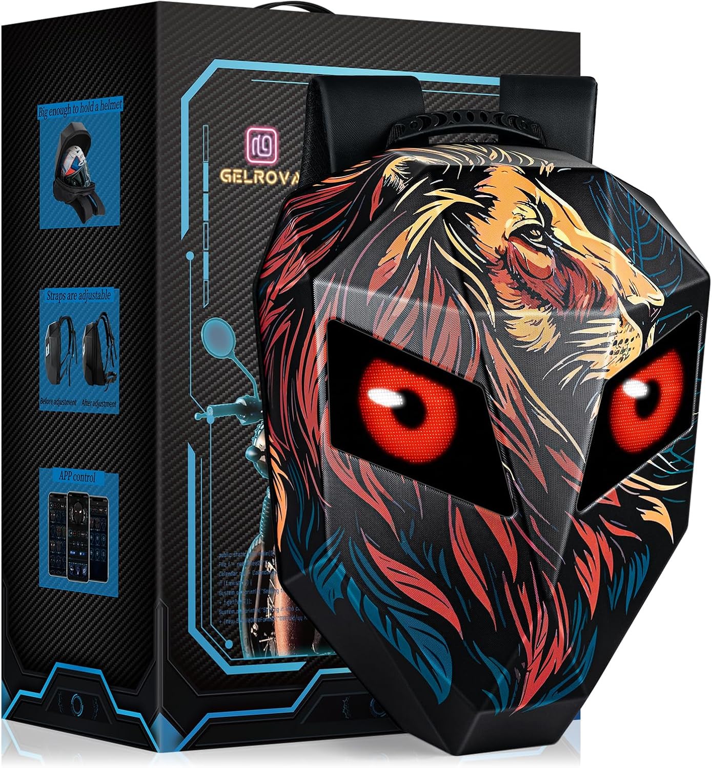 Gelrova Lion Knight Serise LED Backpack 19inch, LED Rider Backpack for Motorcycle Helmet, Outdoor Fashion Backpack with Eyes