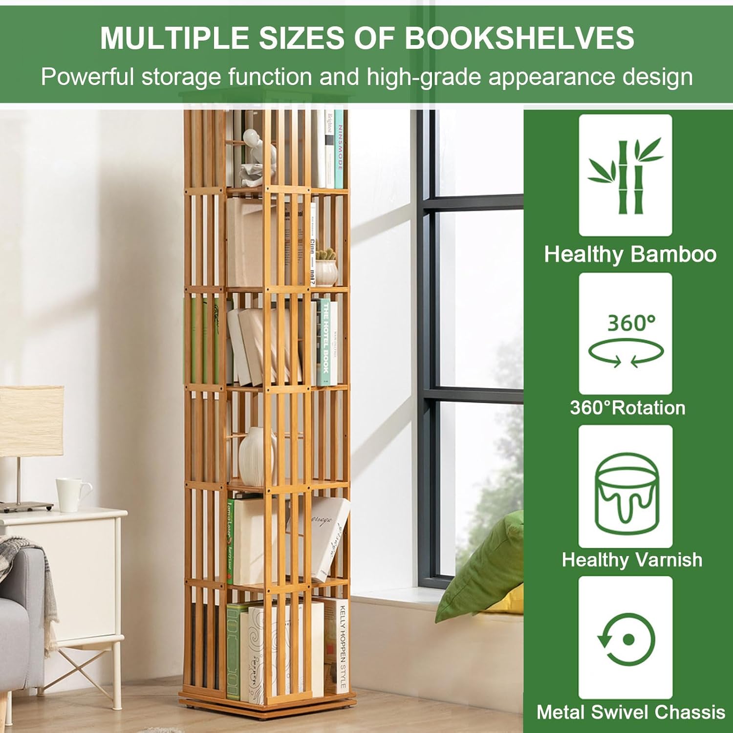 ARMERI 6 Tier Wooden Bookcase Corner Tall Book Shelf Modern with Open Design Shelving Unit 360 Display Rotating Bookshelf Bamboo Book Shelf Organizer for Bedroom, Living Room, Study Room,Brown,6 Tier