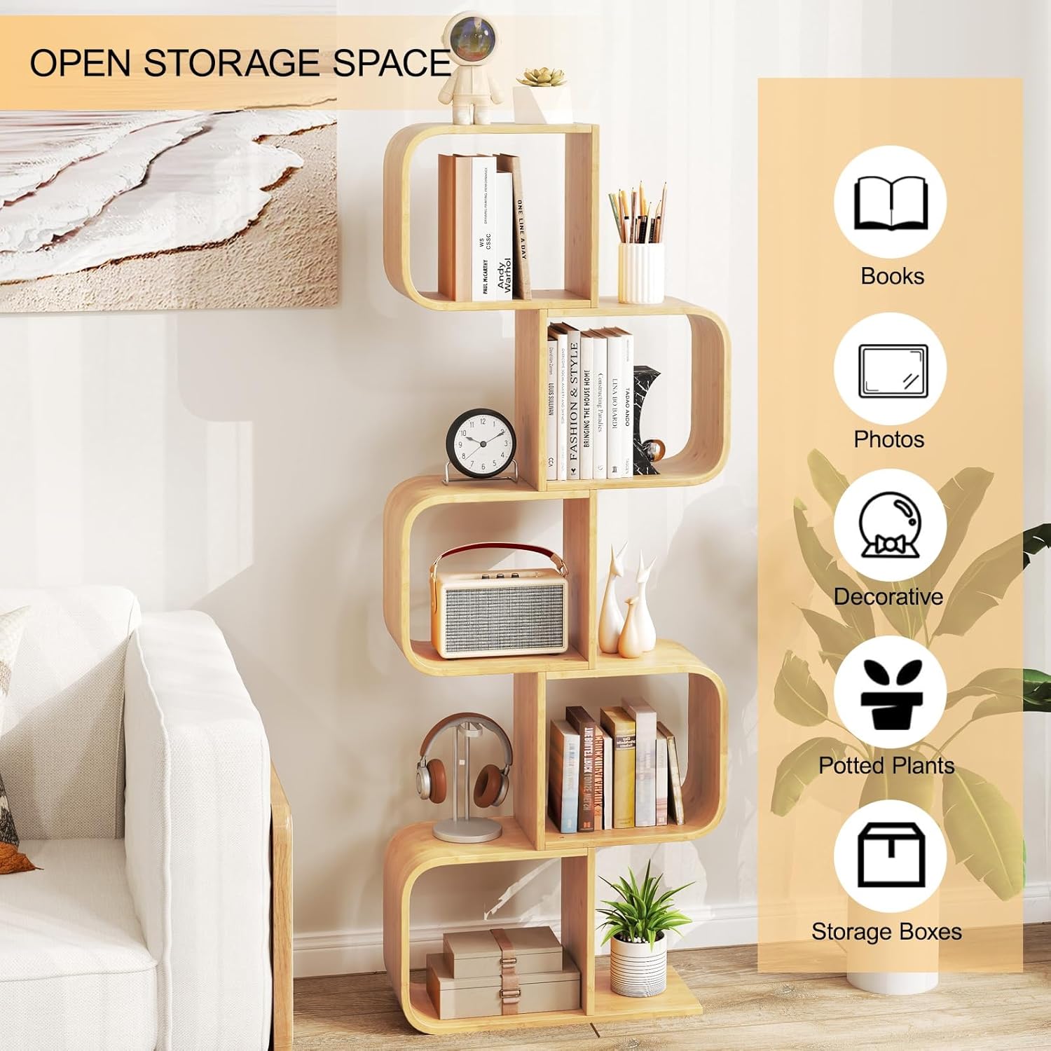 Open Bookshelf Modern Storage Organizer Space-Saving Wooden Book Shelf, Rustic Vintage Bookcase for Living Room Office Library(132cm/52in)