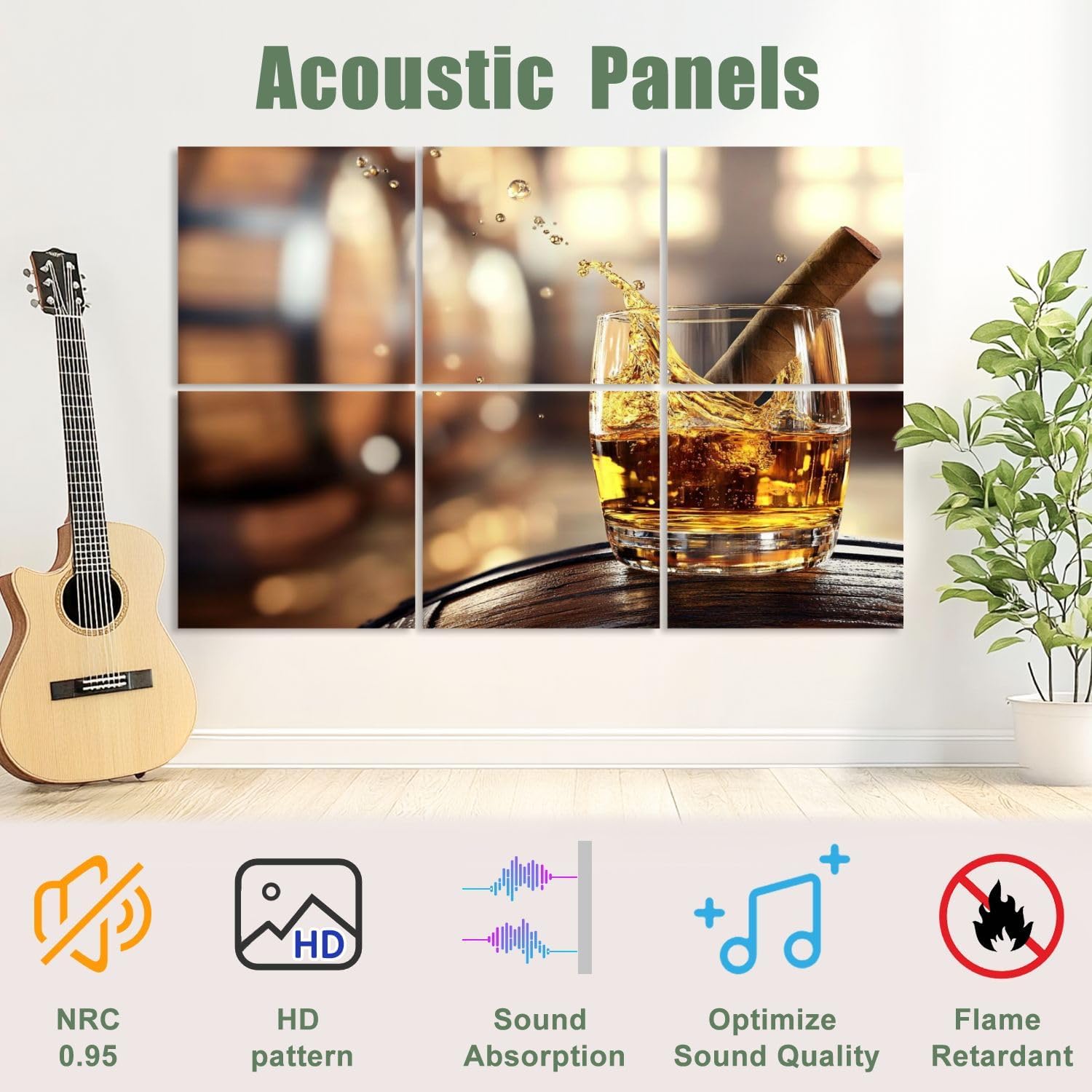 6 Pack Art Acoustic Panels Sound Absorbing Cigar Wine Whisky Liquor Still Life Whiskey Glass Spraying Liquid Decorative Soundproof Wall Panels Self Adhesive for Recording Studios Office 72