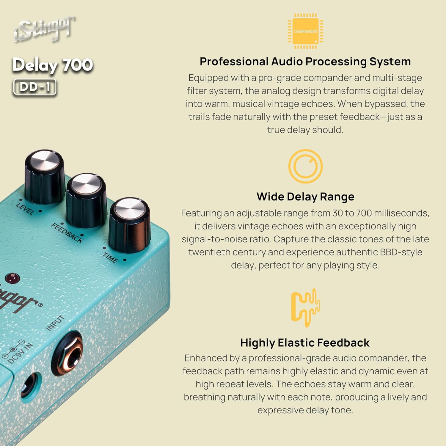Analog-Style Delay Effects Pedal DD-1, Delay 700 Delay Pedal for Electric Guitar, Vintage BBD Emulation, 30-700ms Range, Stereo/Mono Output, Noiseless Switching, Tube-like Warmth