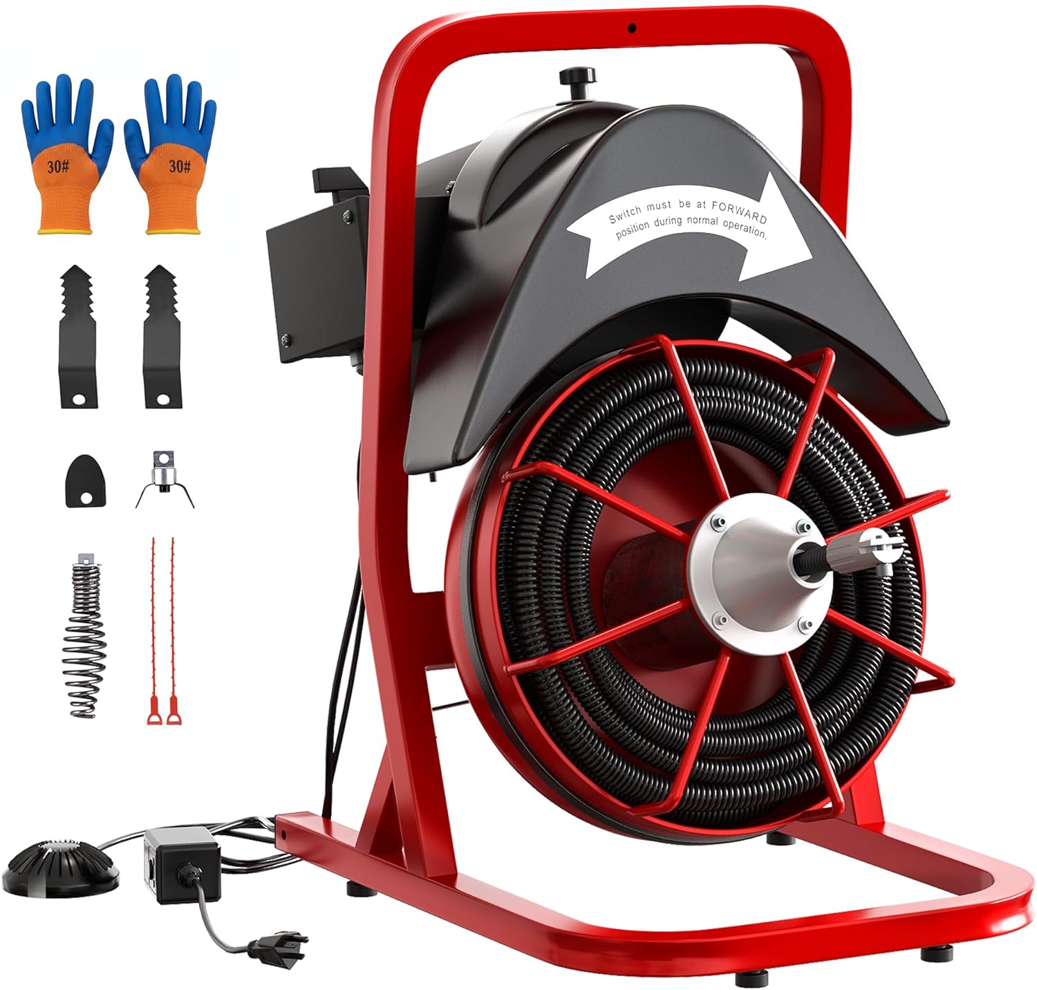 Drain Cleaner Machine 75FT x 1/2 Inch Steel Core Cable Portable 370W Electric Drain Cleaning Machine With Sewer Auger, Cutter, Air-activated Foot Switch, for Commercial, Home