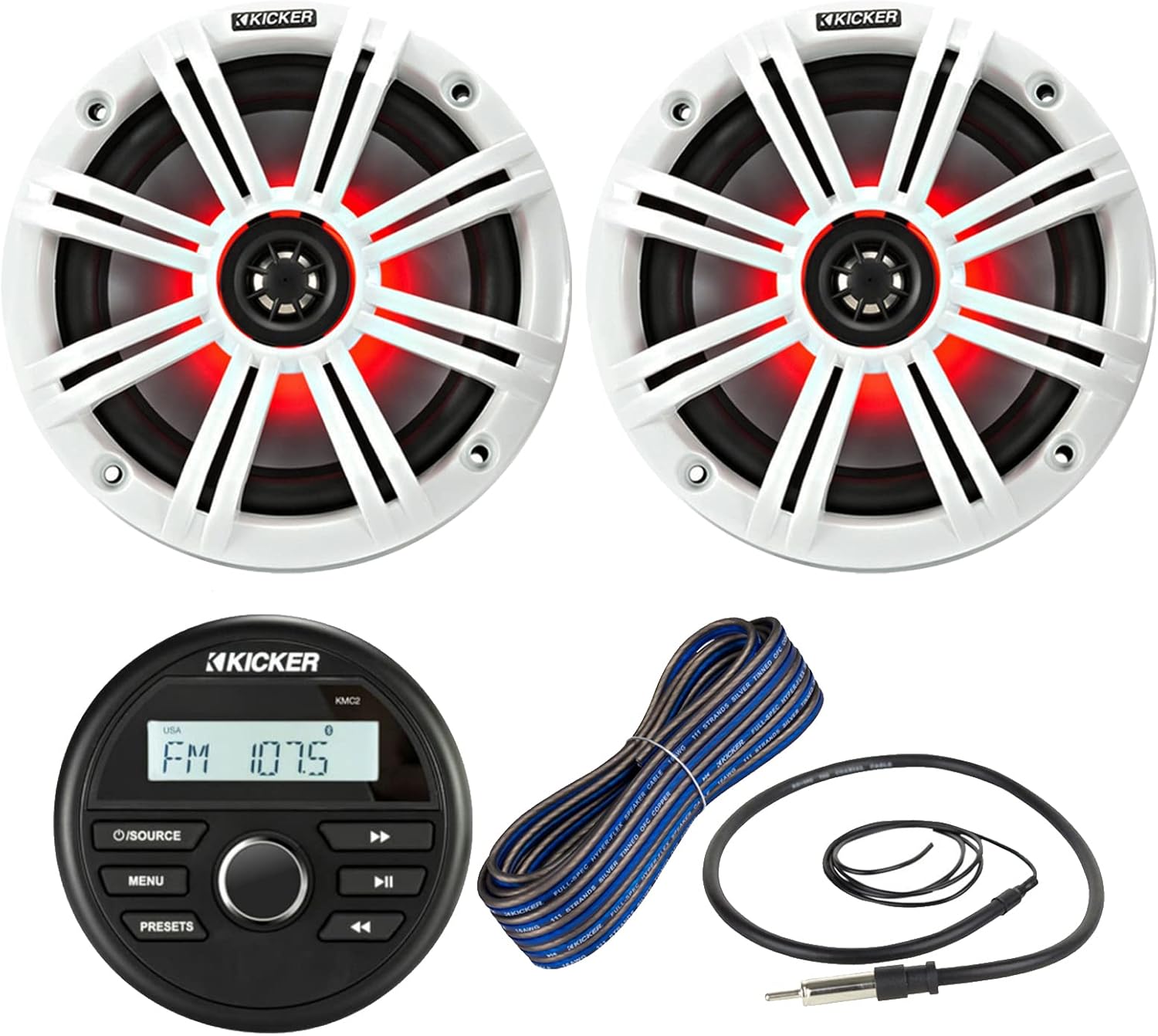 Kicker All-Weather Marine Gauge Style Bluetooth USB Stereo Receiver Bundle Combo with (QTY 2) 6.5