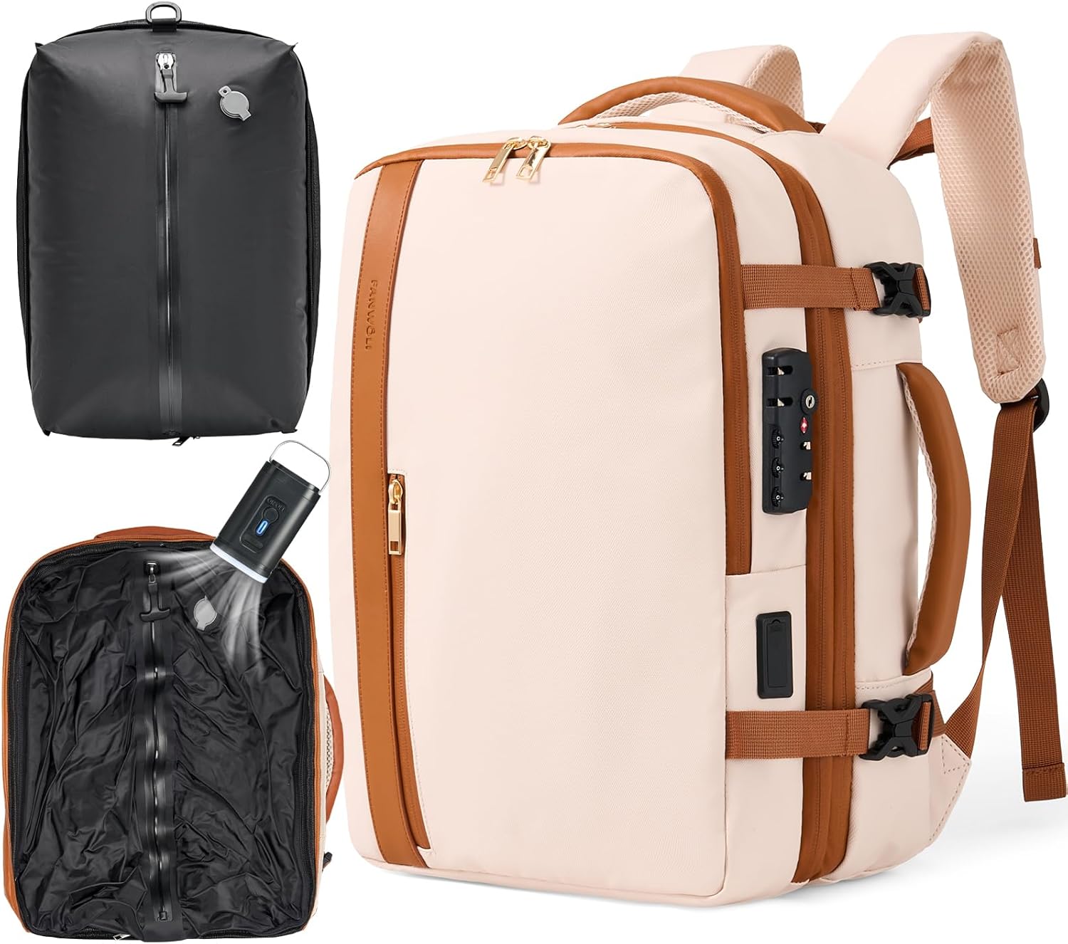 Fanwoli Vacuum Travel Backpack, Carry On Luggage with TSA Lock & Anti Theft Zipper, Expandable Airback with Compression Pump, Waterproof Laptop Bag Ideal for Flight & Business