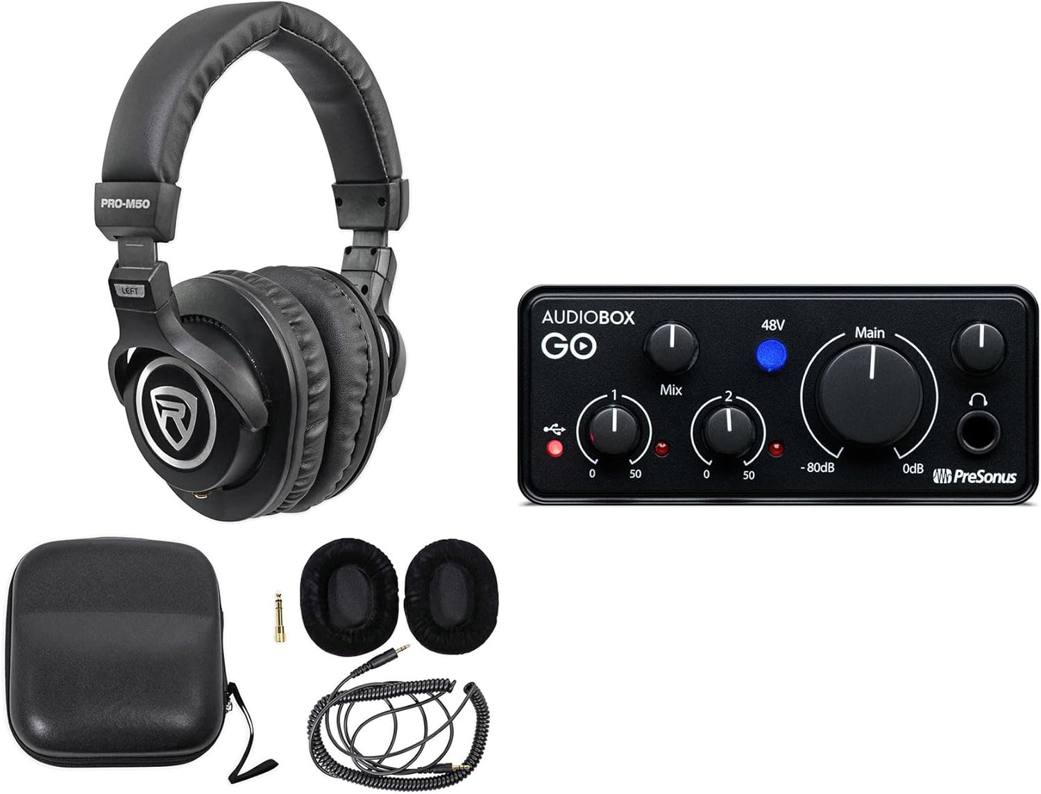 Audiosavings Bundle: Presonus AudioBox GO 2x2 USB-C Bus Power Audio Recording Interface+Software Bundle with Rockville PRO-M50 Studio Headphones w/Detachable Coil Cable, Case+Extra Ear Pad (2 Items)