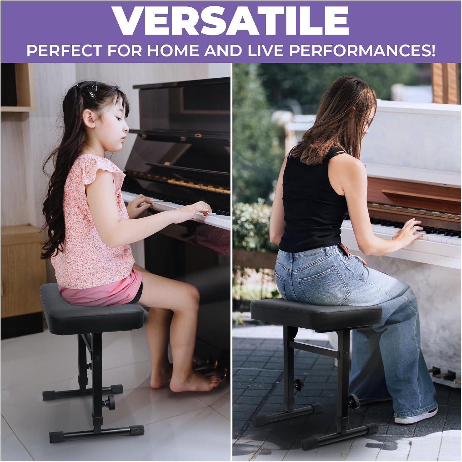 Liquid Stands Piano Bench Adjustable Stool – Music Keyboard Bench Seat for Piano Keyboard Stand with Black Padded Cushion for Musicians Piano Stool Chair (PU Leather)