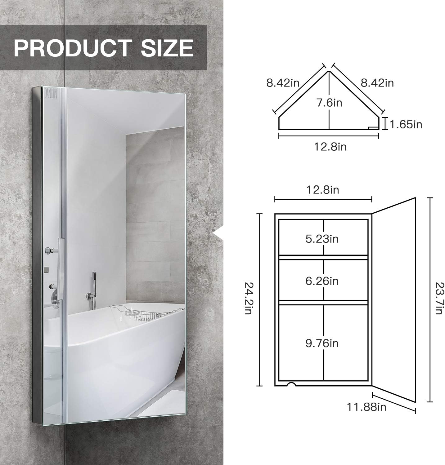 24-inch Corner Medicine Cabinet with Mirror - Wall-Mounted Bathroom Storage Cabinet, 304 Stainless Steel, 3 Shelves, Space-Saving Design
