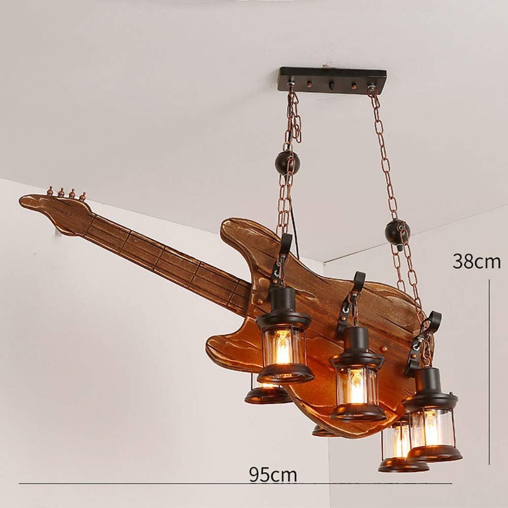 Farmhouse Chaners 6 Lights Unique Guitar Bass Wooden Rustic Retro Pendant Light Fixture Compatible with Restaurant Bar Kitchen Dinging Room