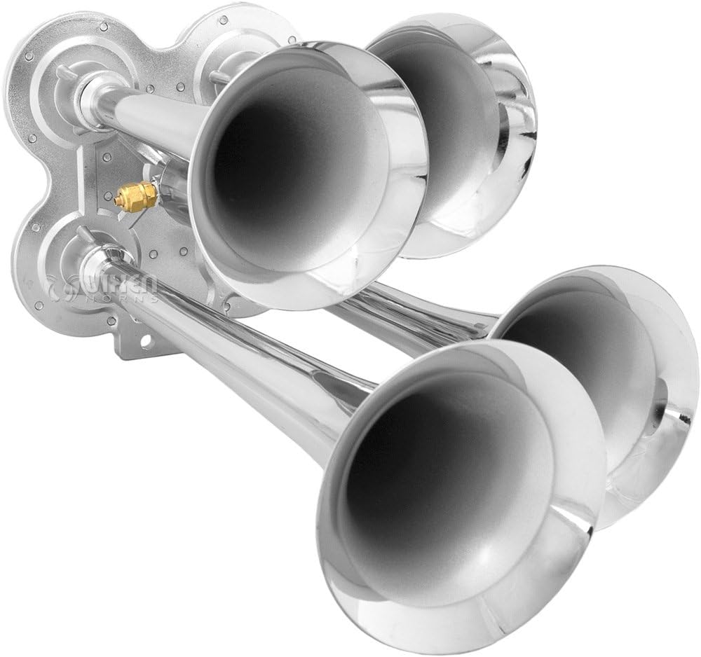 Vixen Horns Train Horn for Truck/Car. 4 Air Horn Chrome Plated Trumpets. Super Loud dB. Fits 12v Vehicles like Semi/Pickup/Jeep/RV/SUV VXH4114