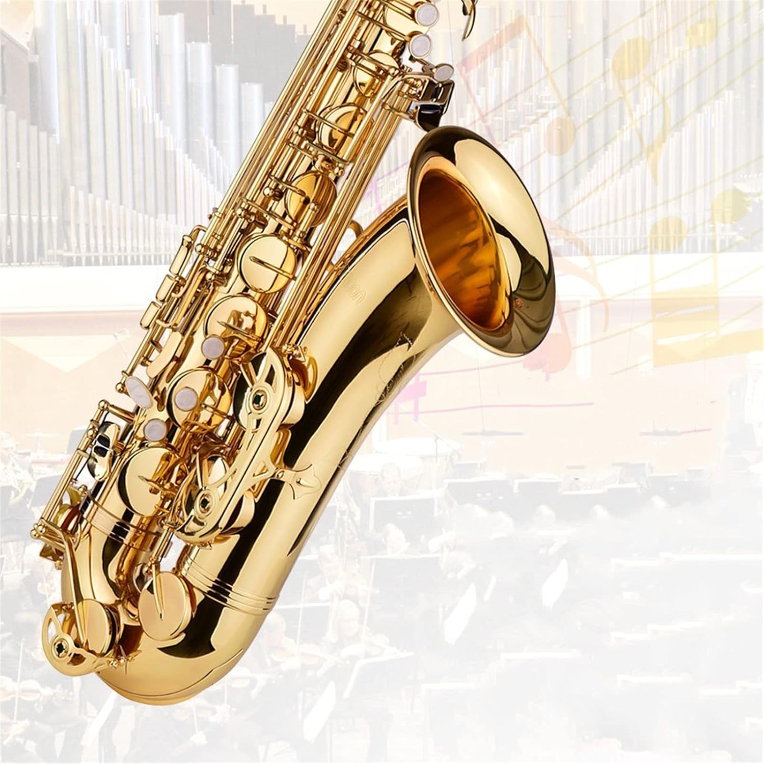 Bb Tenor Saxophone Sax Brass Body Gold Lacquered Surface Woodwind Instrument with Carry Case Gloves Cleaning Cloth Brush Saxophone Straight