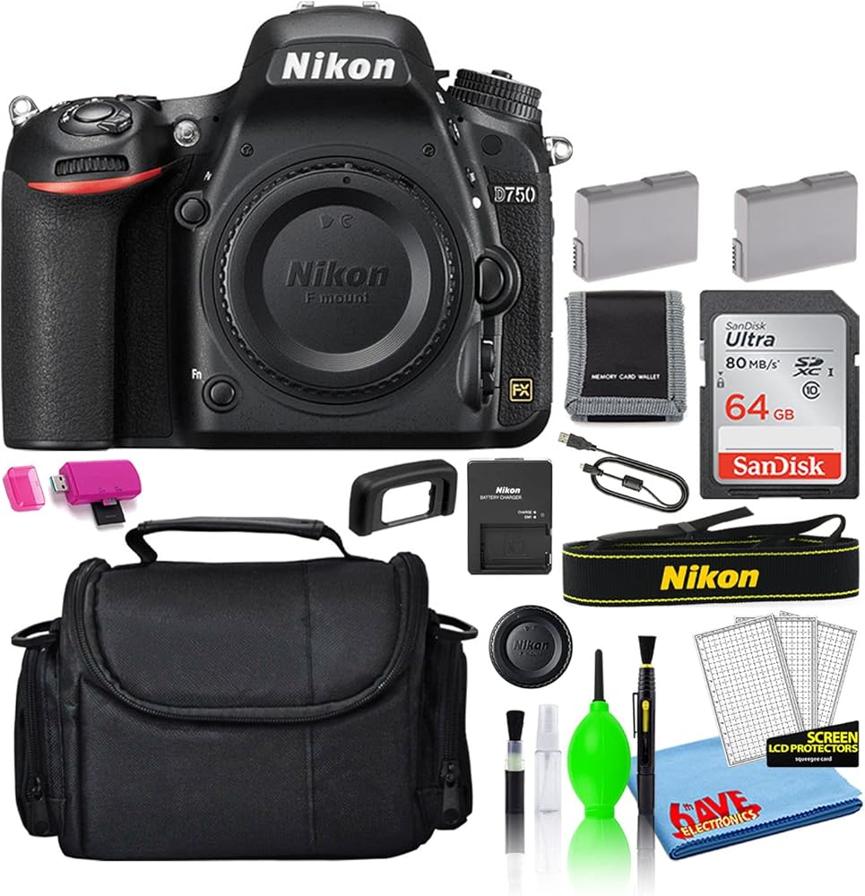 Nikon D750 24.3MP DSLR Digital Camera (Body Only) (1543) Deluxe Bundle with 64GB SD Card + Large Camera Bag + Spare EN-EL15 Battery + Deluxe Camera Cleaning Kit (Renewed)