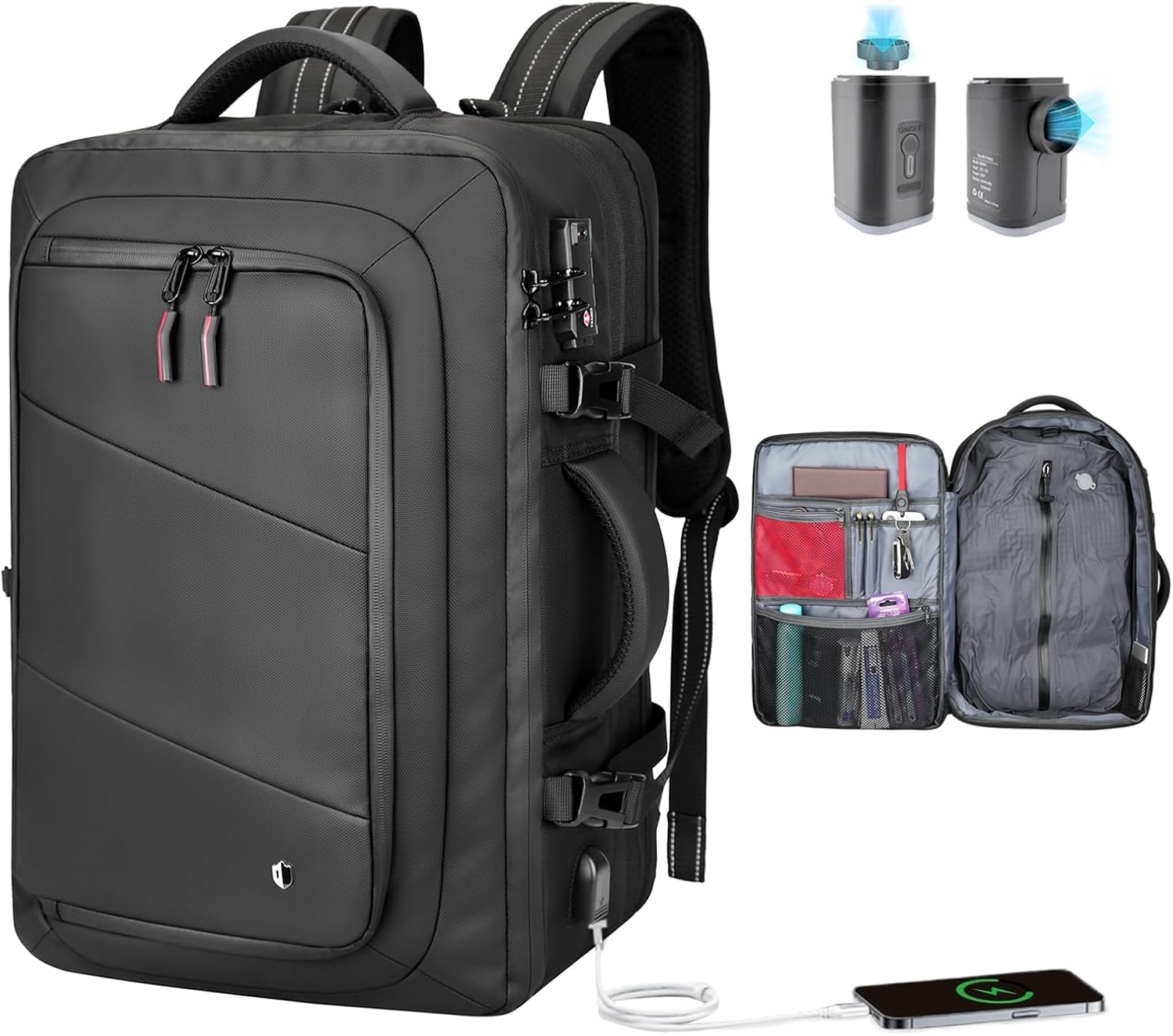 Vacuum Backpack,60L vacuum backpack with pump,USB Charging Port,Anti-Theft,Water Resistant,Vacuum Compression Bag for Laptop,travel,Business,College,Camping(A)