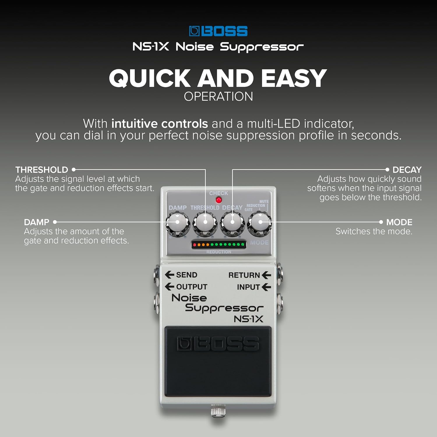 BOSS NS-1X Noise Suppressor | Next-Generation Noise Reducer & Ultra-Fast Gate for Guitar, Bass & Other Instruments | BOSS MDP Technology | Reduction Mode | Intuitive Operation | Send/Return Loop