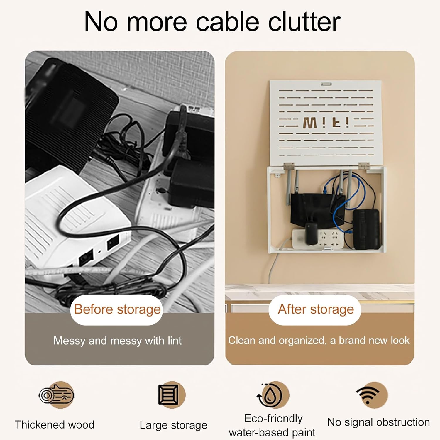 WiFi Router Hidden Box, Wooden WiFi Router Storage Box, Projector Shelf, Large Space Modem Cable Organizer, with Ventilation & Cord Management, for Bedroom Living Room(White1,41x7.3x30cm/16x3x12in)