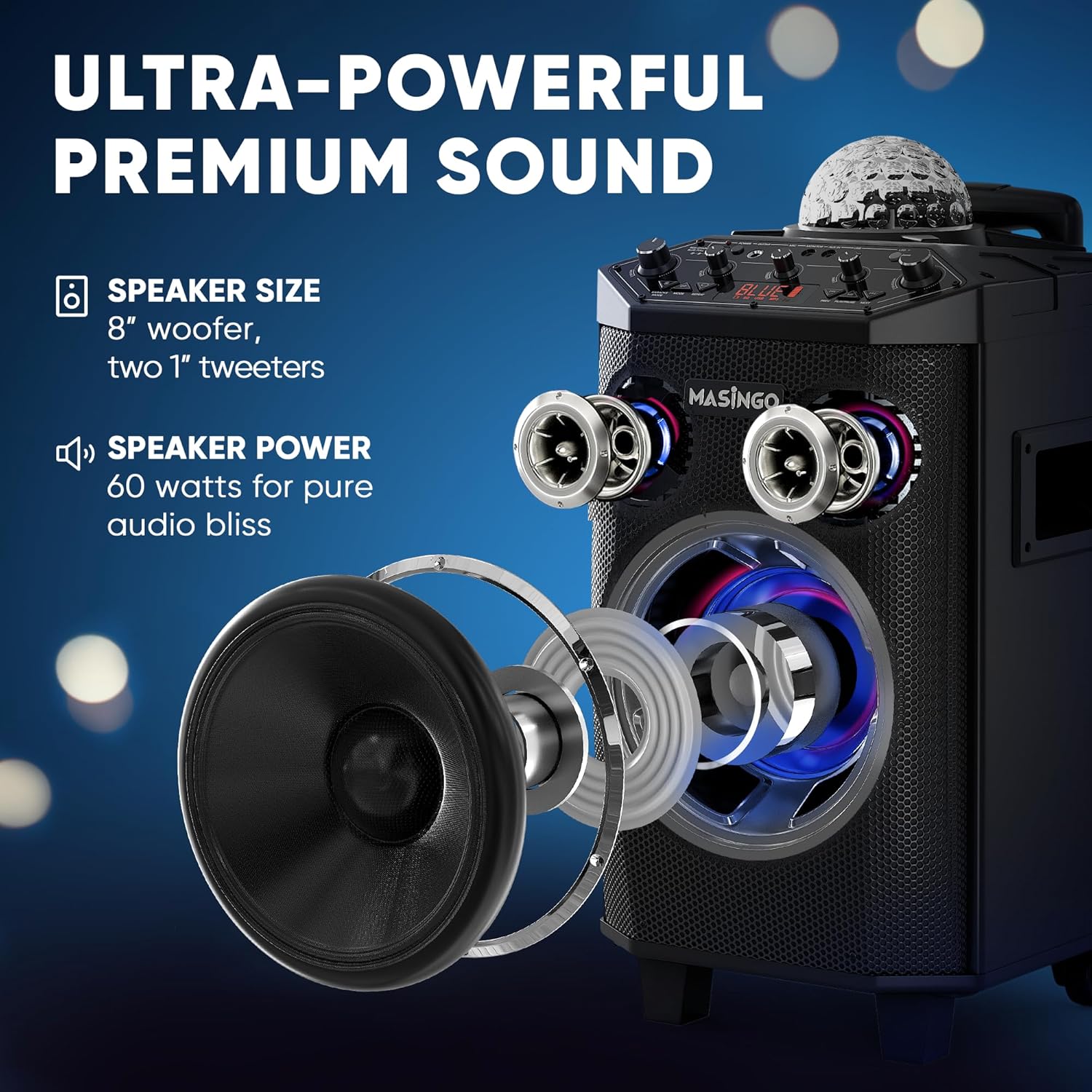 MASINGO New Karaoke Machine for Adults and Kids with 2 Bluetooth Wireless Microphones. Portable Singing PA Speaker System with Party Lights, Lyrics Display Holder, and TV Cable. Festoso X9