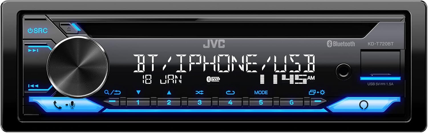 JVC KD-T720BT - CD Car Stereo, Single Din, Bluetooth Audio and Hands Free Calling w External Microphone, CD, MP3, USB, AUX Input AM/FM Radio, High Power Amp, Amazon Alexa Voice Control