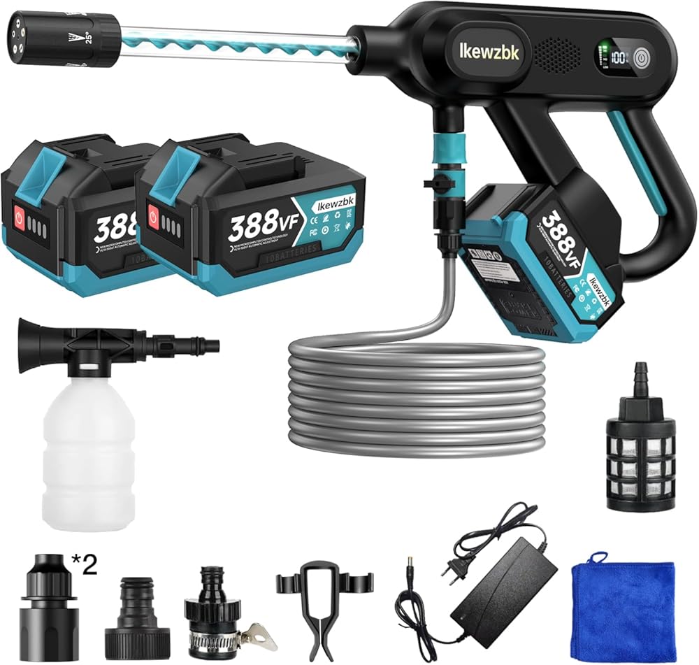 Ikewzbk Cordless Pressure Washer Battery Powered,2200 PSI Cordless Power Washer,4 A Battery*2,5-in-1 Nozzle,3 Power Level,Handheld Portable Pressure Washer for Car Home Patio Driveway Fence Cleaning
