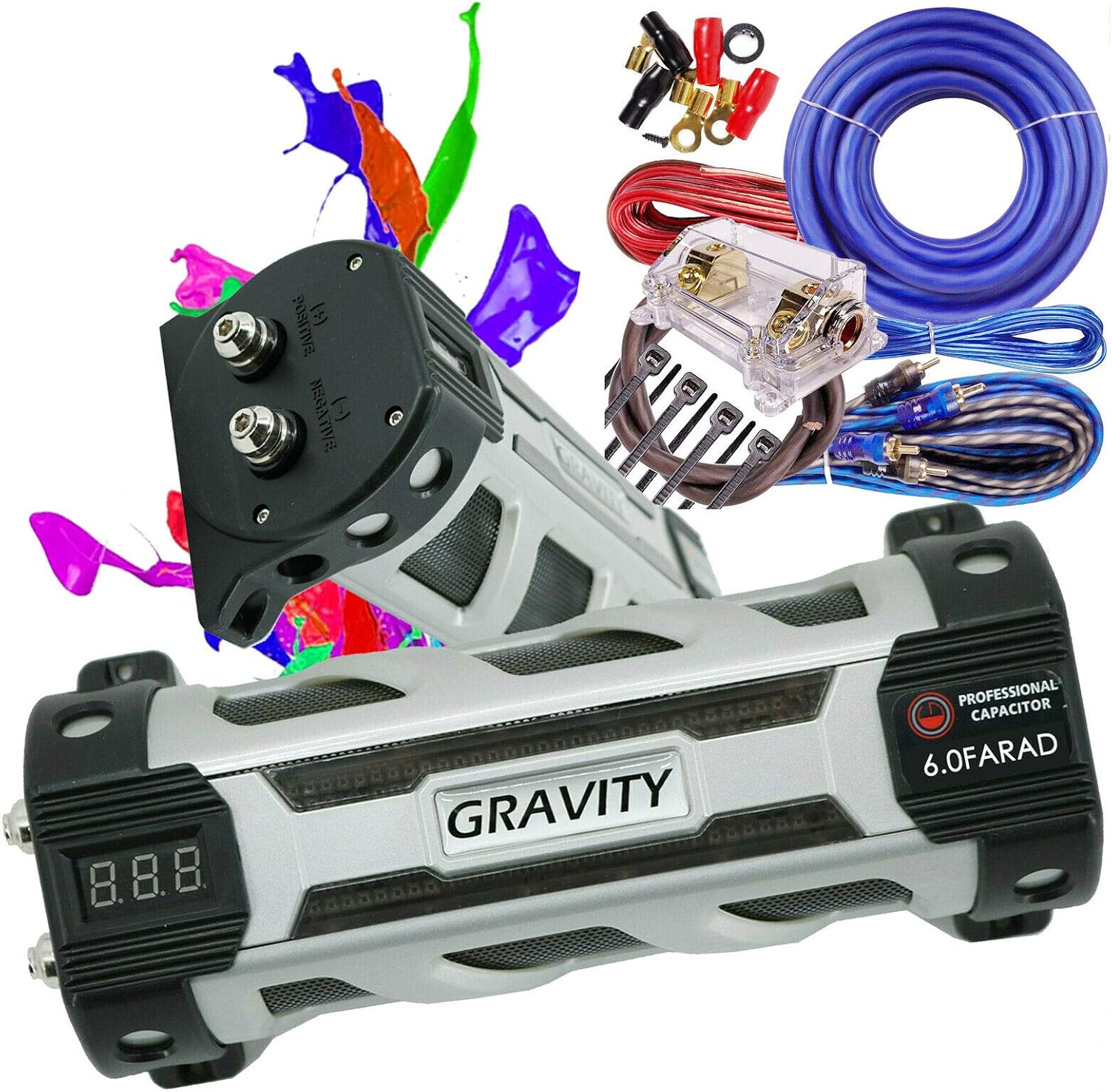 Gravity GR6.0 Car Audio Battery Stiffening Portable Power 6 Farad Capacitor and Completed 5000 Watts 0 Gauge Blue Amplifier Installation Wiring Kit BGC0XLB