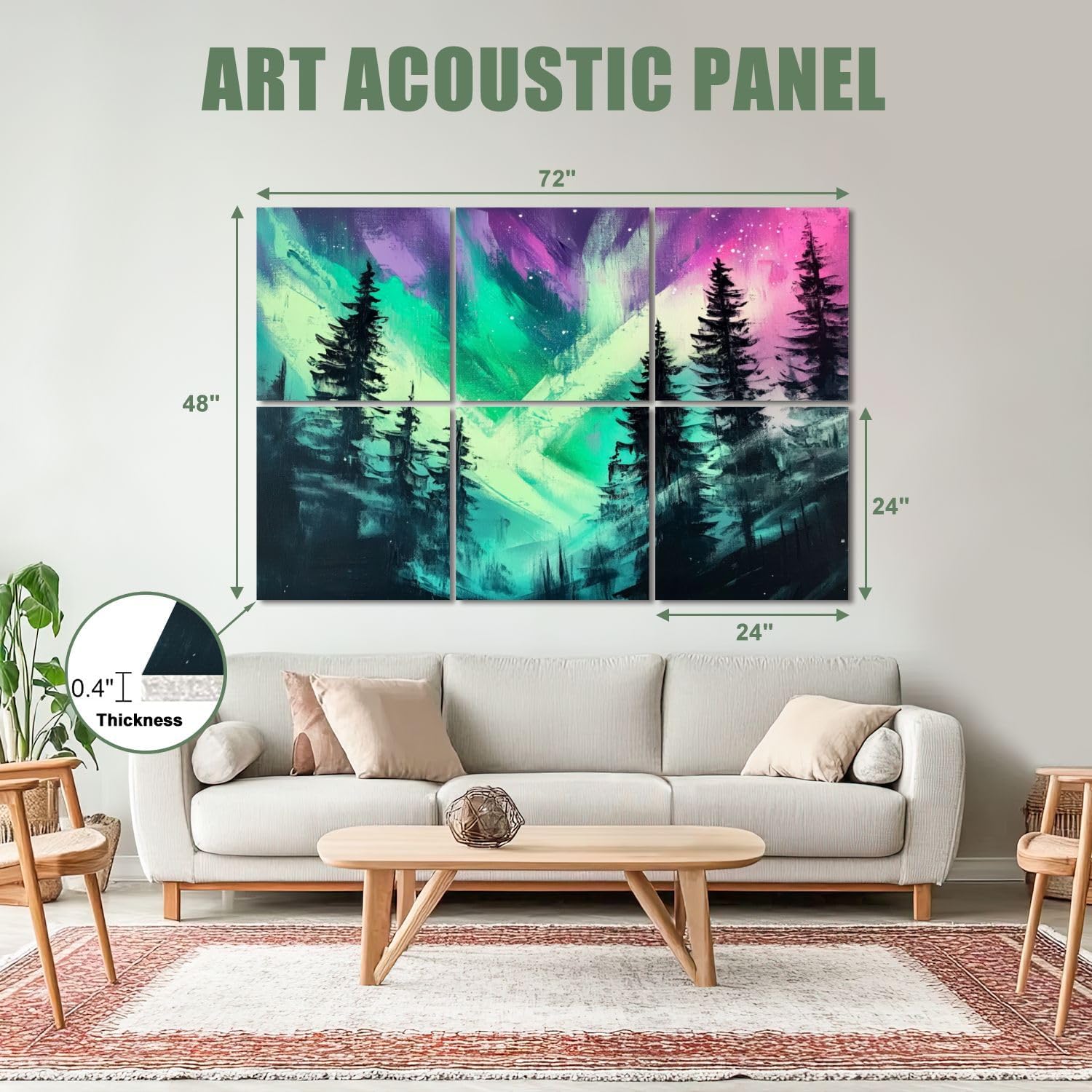 6 Pack Art Acoustic Panels Sound Absorbing Green Purple Trees Lights Starry Scenery Silhouette Colorful Abstract Decorative Soundproof Wall Panels Self Adhesive for Recording Studios Office 72