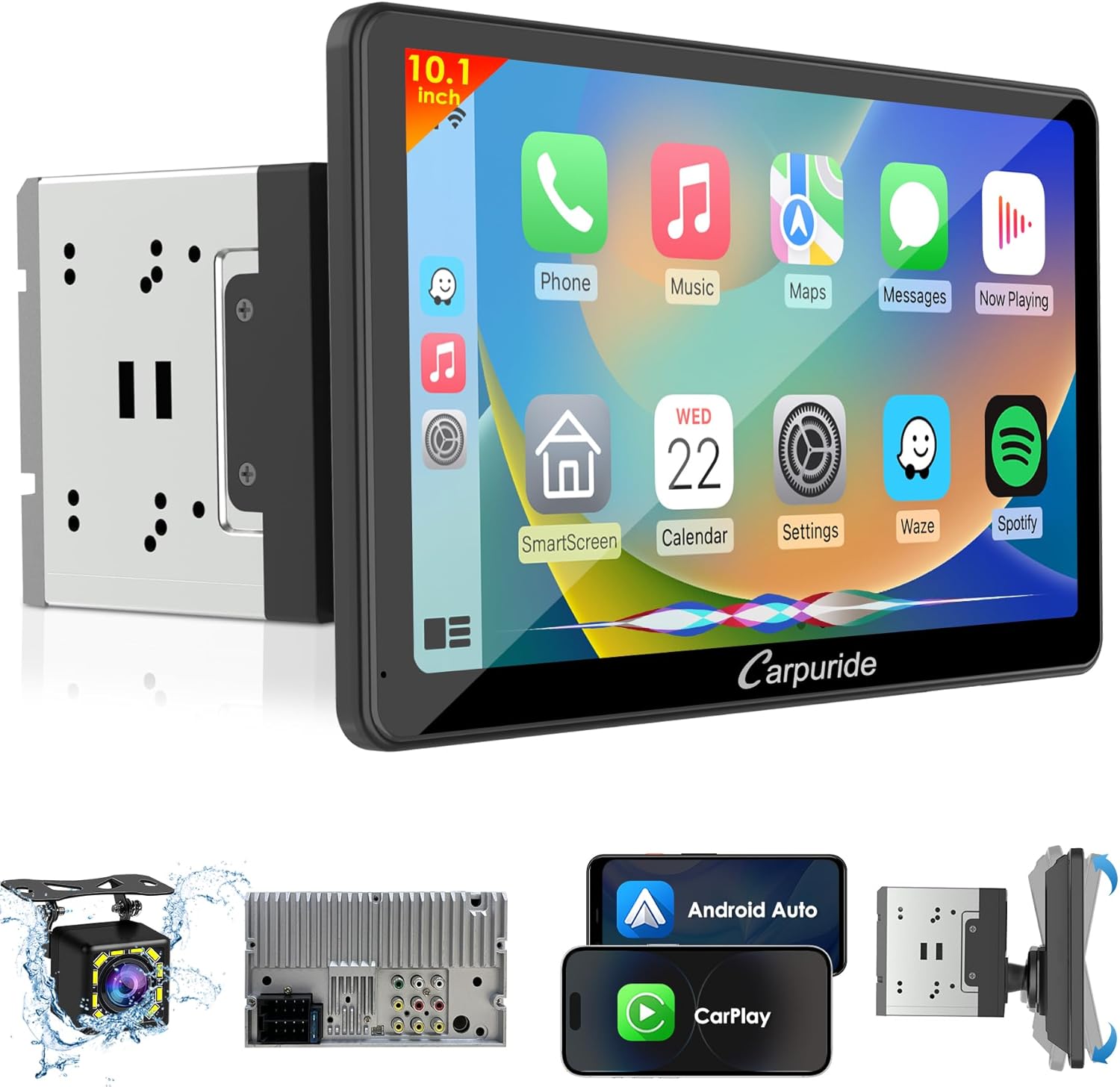 Carpuride Double Din Car Stereo with CarPlay and Android Auto Car Radio 10.1