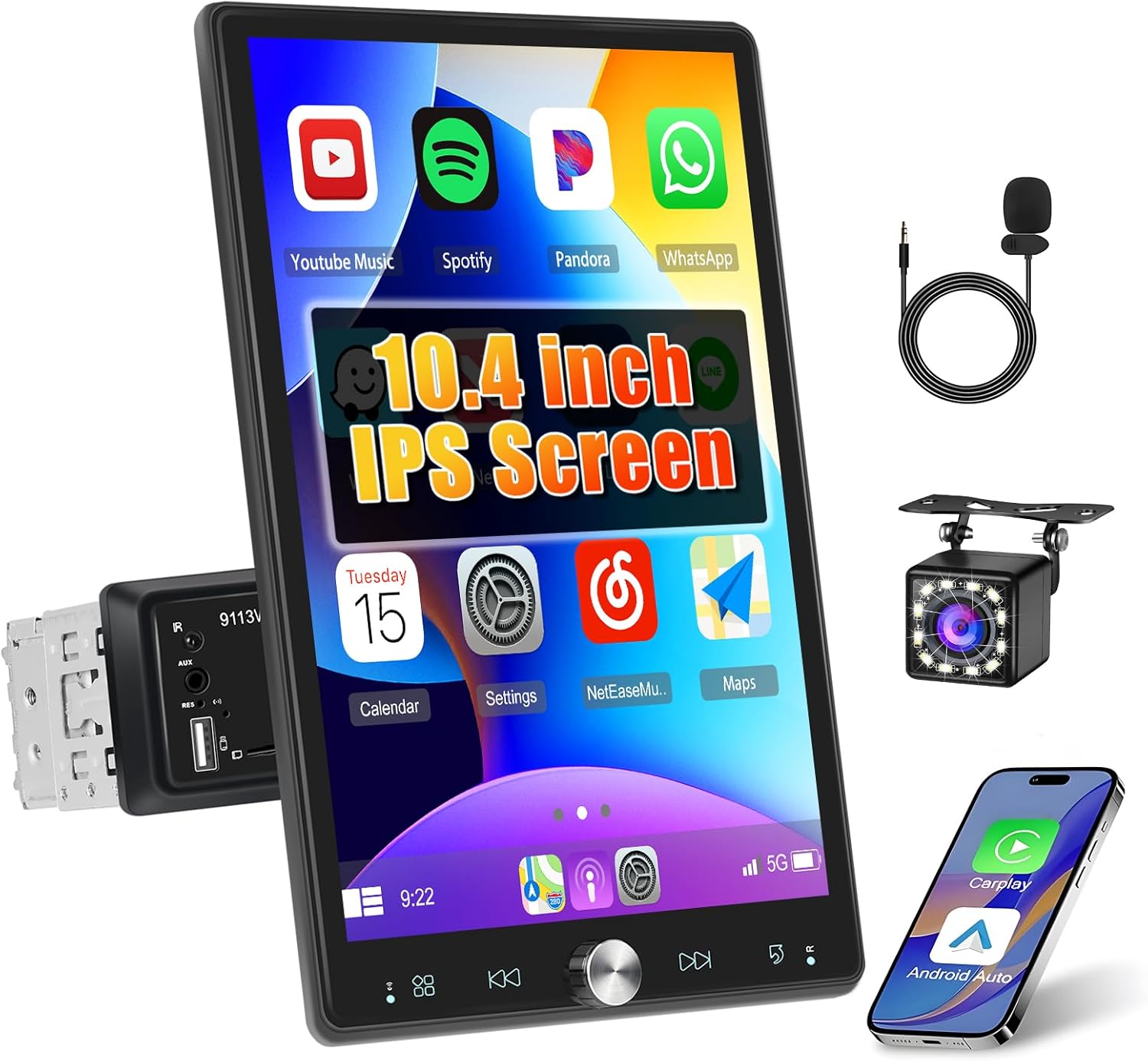 Hikity 10.4 Inch Car Stereo Single Din Carplay Rotatable Touchscreen Radio Wireless Carplay Android Auto Bluetooth FM RDS EQ SWC Backup Camera USB AUX