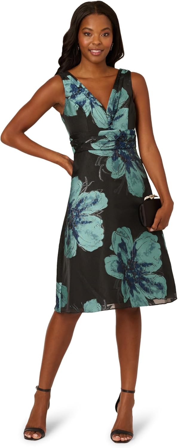 Adrianna Papell Floral Jacquard Belted A Line Midi Dress