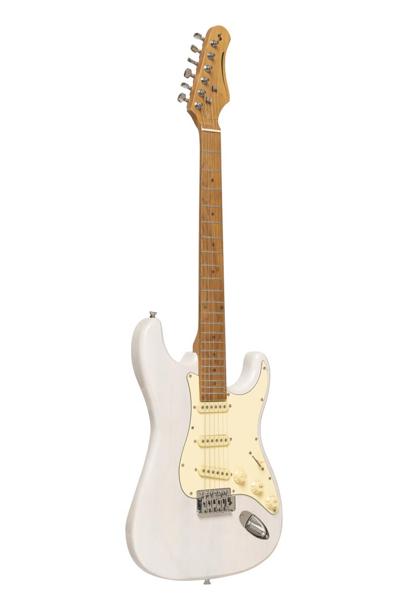 Stagg SES-55 WHB Series 55 Electric Guitar with Solid Paulownia Body l Tempered Maple Neck l 22 Fret Maple Fingerboard l Aged White 3-Ply Pickguard l See through White Blonde Finish