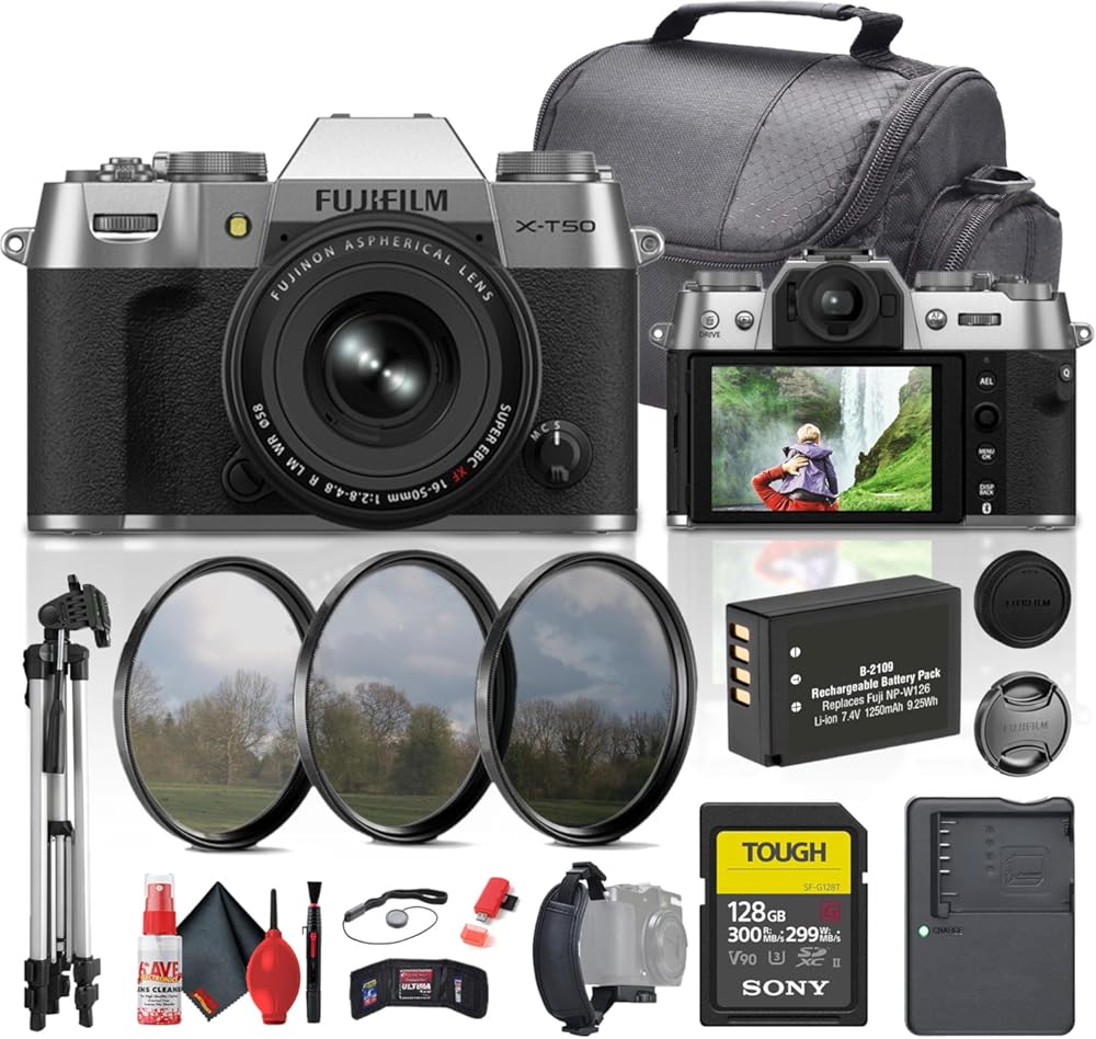 Fujifilm X-T50 with XF 16-50mm Lens in Silver (16828595) Bundle Including: 128 GB Memory Card, Rechargeable Battery, Tripod, Hand Strap, Filter Kit, Camera Case, Battery Charger, Full Cleaning Kit