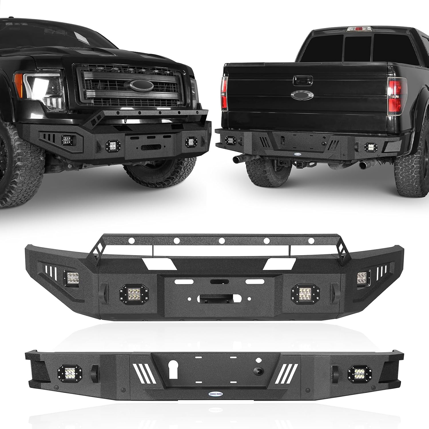 Hooke Road 09-14 F150 Front Winch Bumper + Rear Step Bumper w/LED Lights for Ford F-150 2009 2010 2011 2012 2013 2014 Pickup (Exclude Raptor & Flareside)
