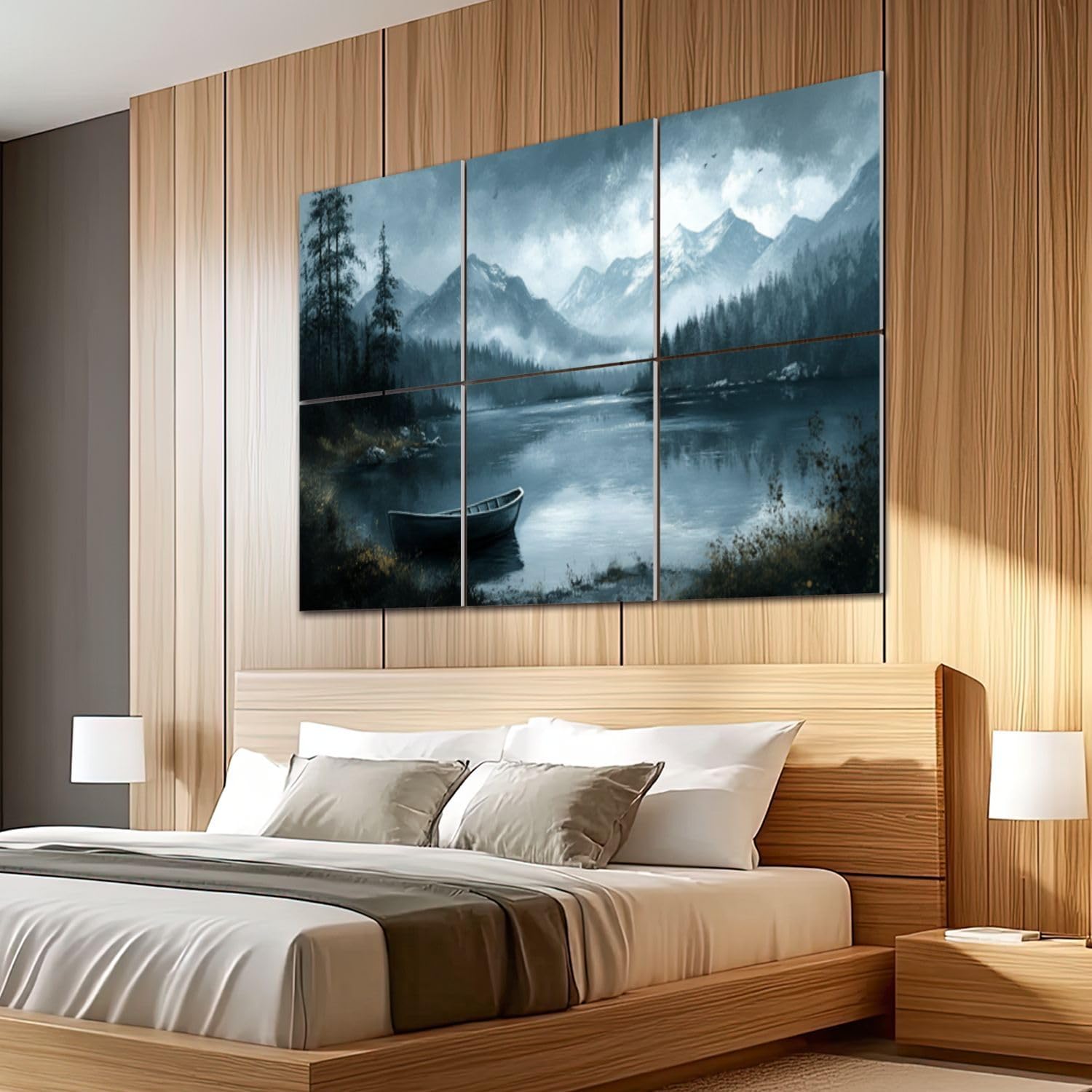 6 Pack Art Acoustic Panels Sound Absorbing Lake Mountains Forest Scenery Nature Landscape Modern Boat Rowboat Decorative Soundproof Wall Panels Self Adhesive for Recording Studios Office 72