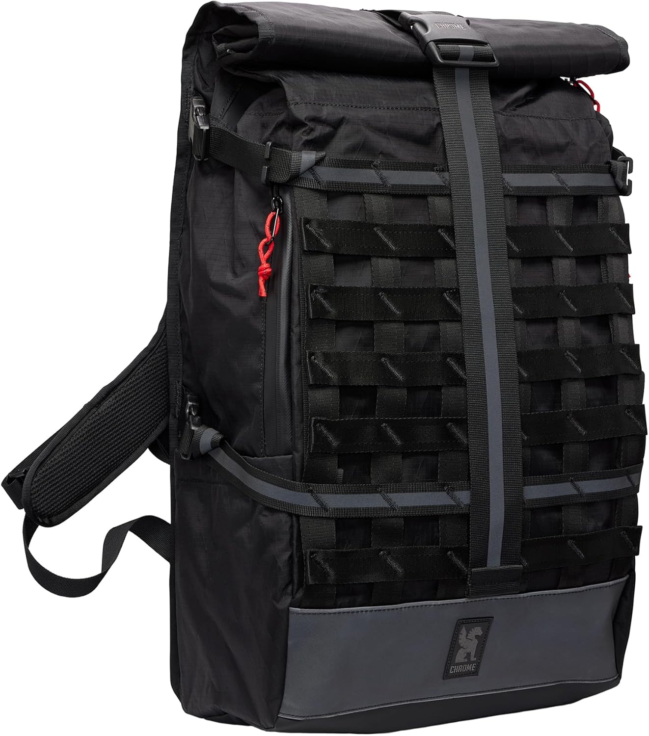 Chrome Industries Barrage 34L Black Reflective Roll-Top Backpack – Water Resistant Bag for Work, School, Travel – Features Cargo Net & Laptop Pocket