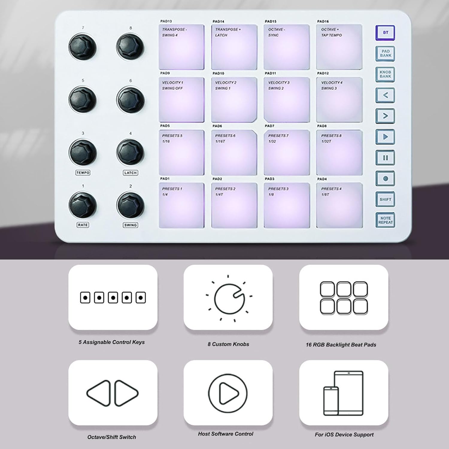 Wireless MIDI Controller Beat Pad 16 Strike Pads 8 Rotating Knobs Portable USB
