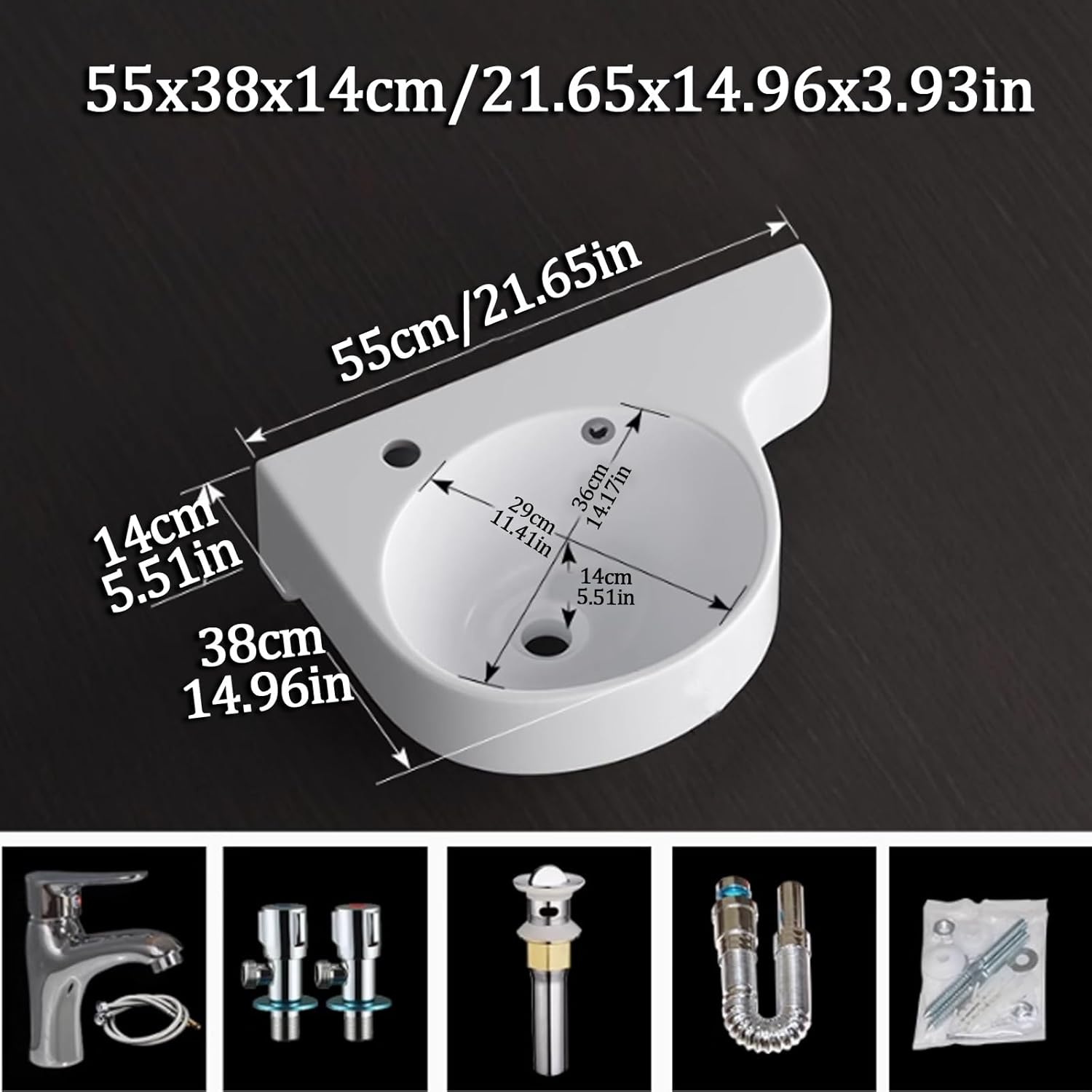 Small Wall Mount Corner Sink, Triangular Ceramic Vessel Sink, L55x38x14cm/21.65x14.96x3.93in, Contemporary Style, Polished Finish, Grid Drain, 0 Holes